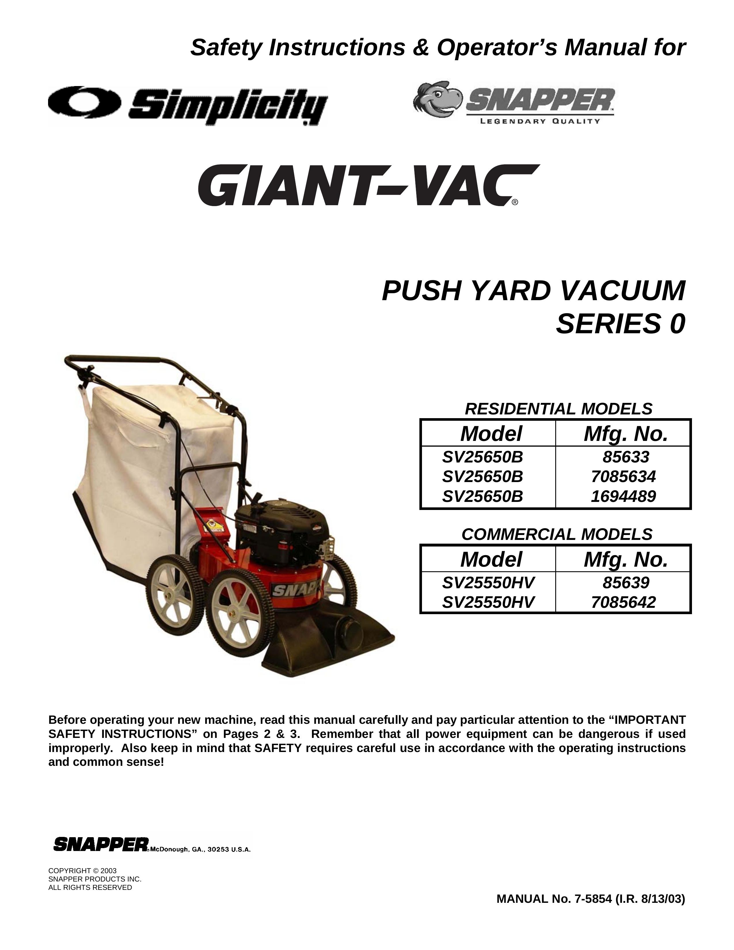 Snapper SV25650B Yard Vacuum User Manual
