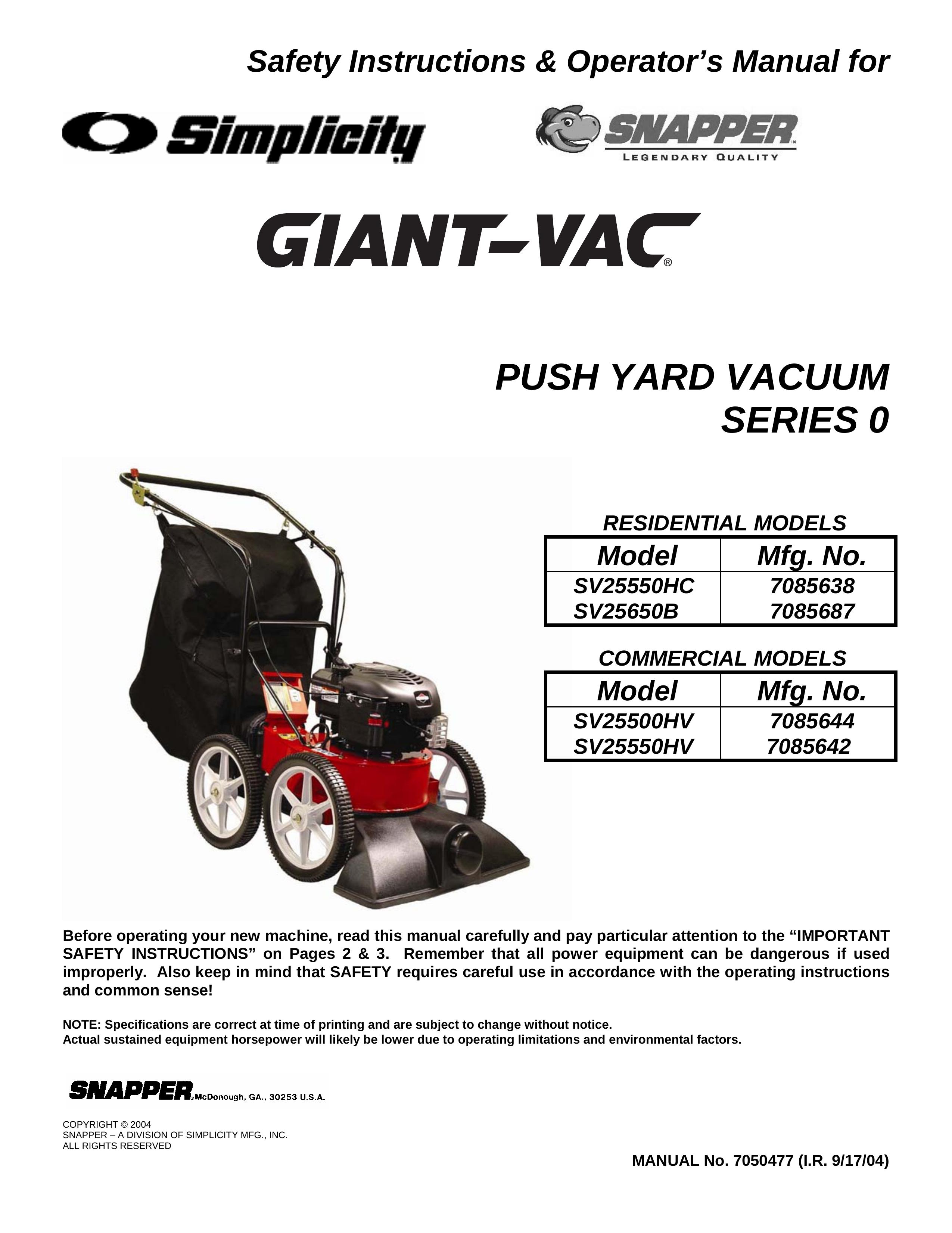Snapper SV25650B, ESV25650B, SV25550HV Yard Vacuum User Manual