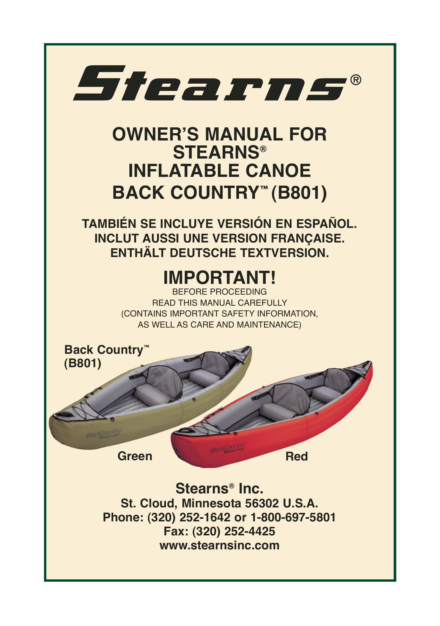 Stearns Recreational B801 Green Red Boat User Manual