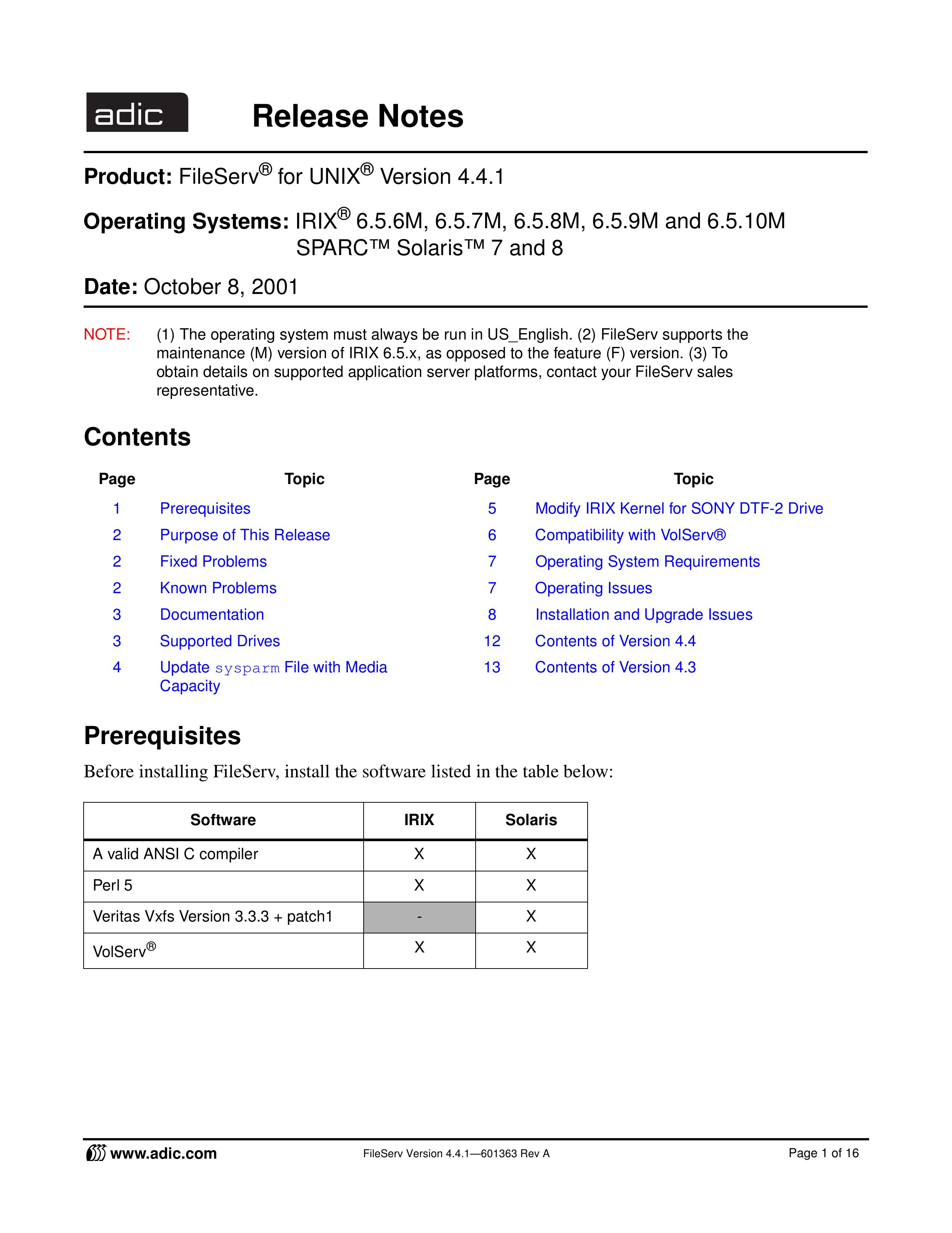 ADIC FileServ Version 4.4.1601363 Life Jacket User Manual
