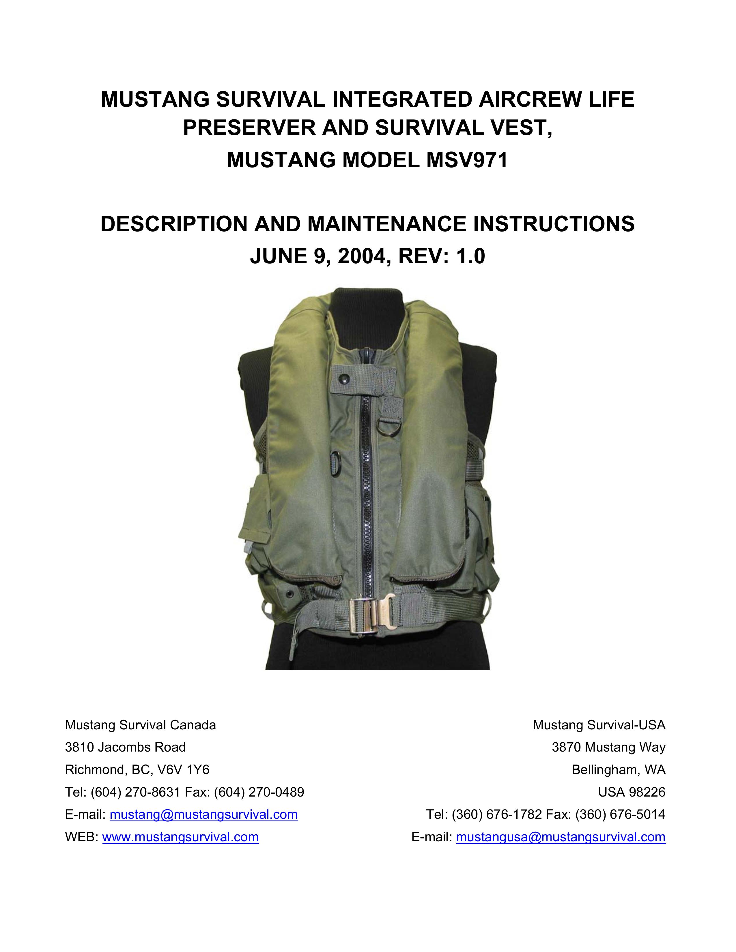 Mustang Survival MSV971 Life Jacket User Manual