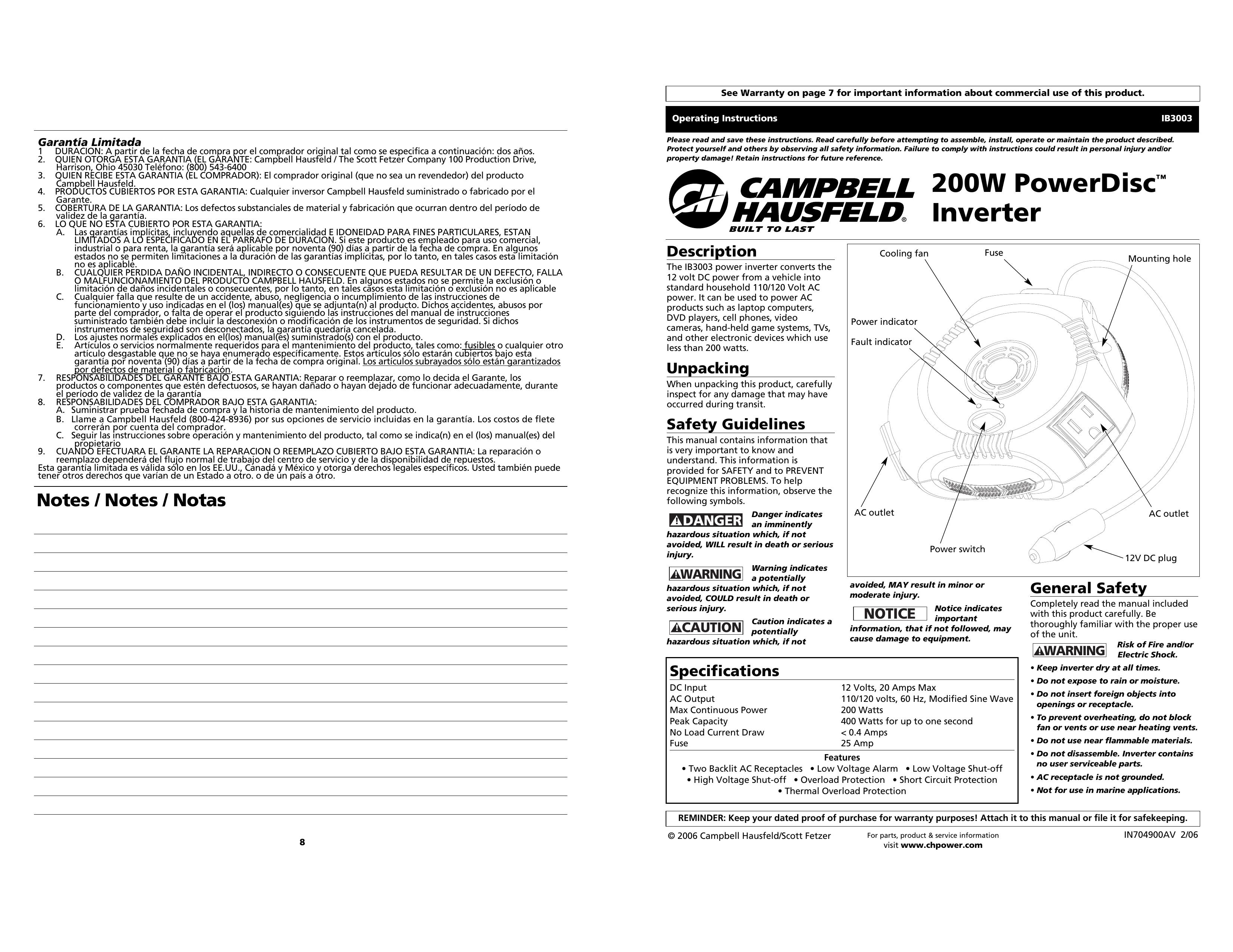 Campbell Hausfeld IB3003 Marine Battery User Manual