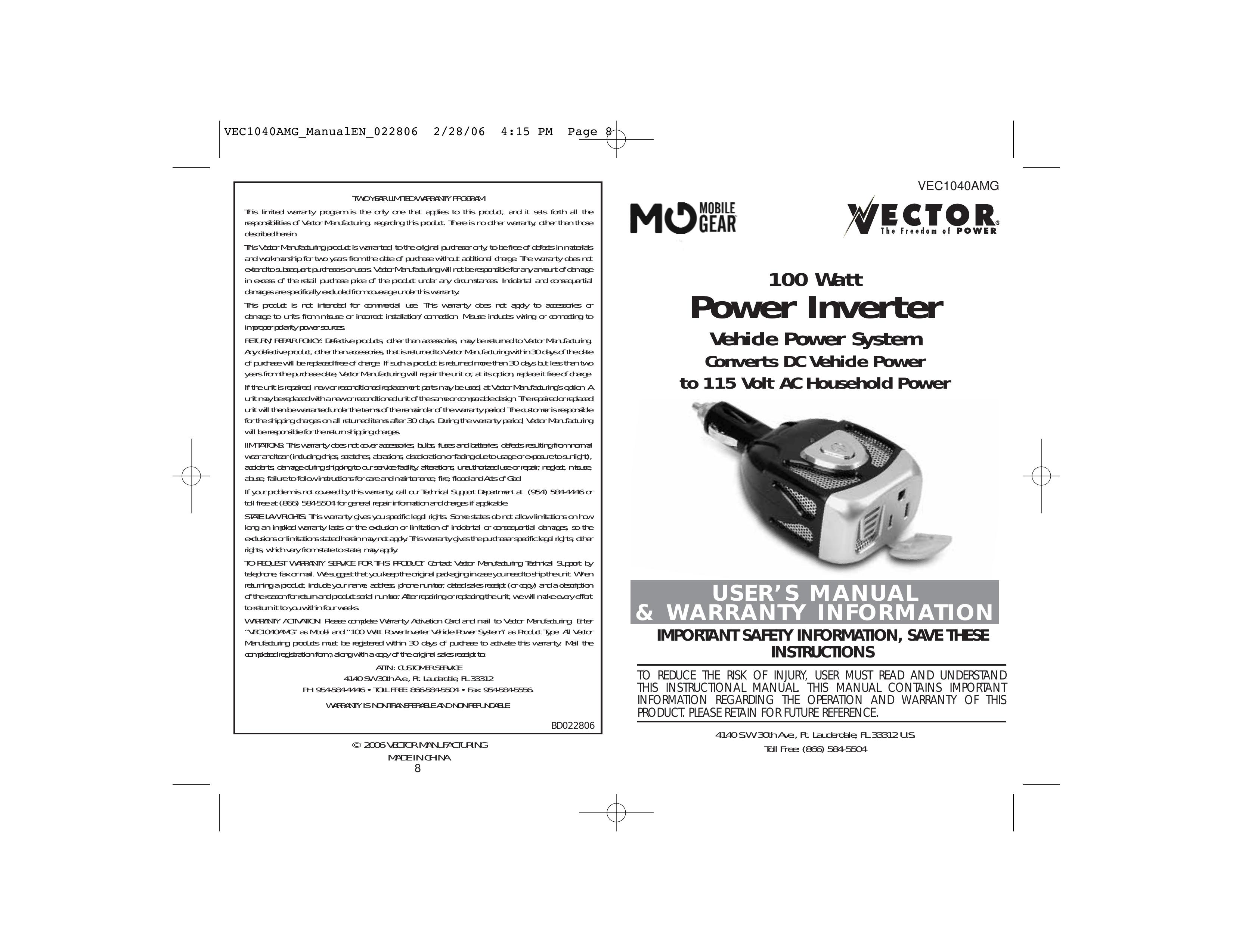 Vector BD022806 Marine Battery User Manual