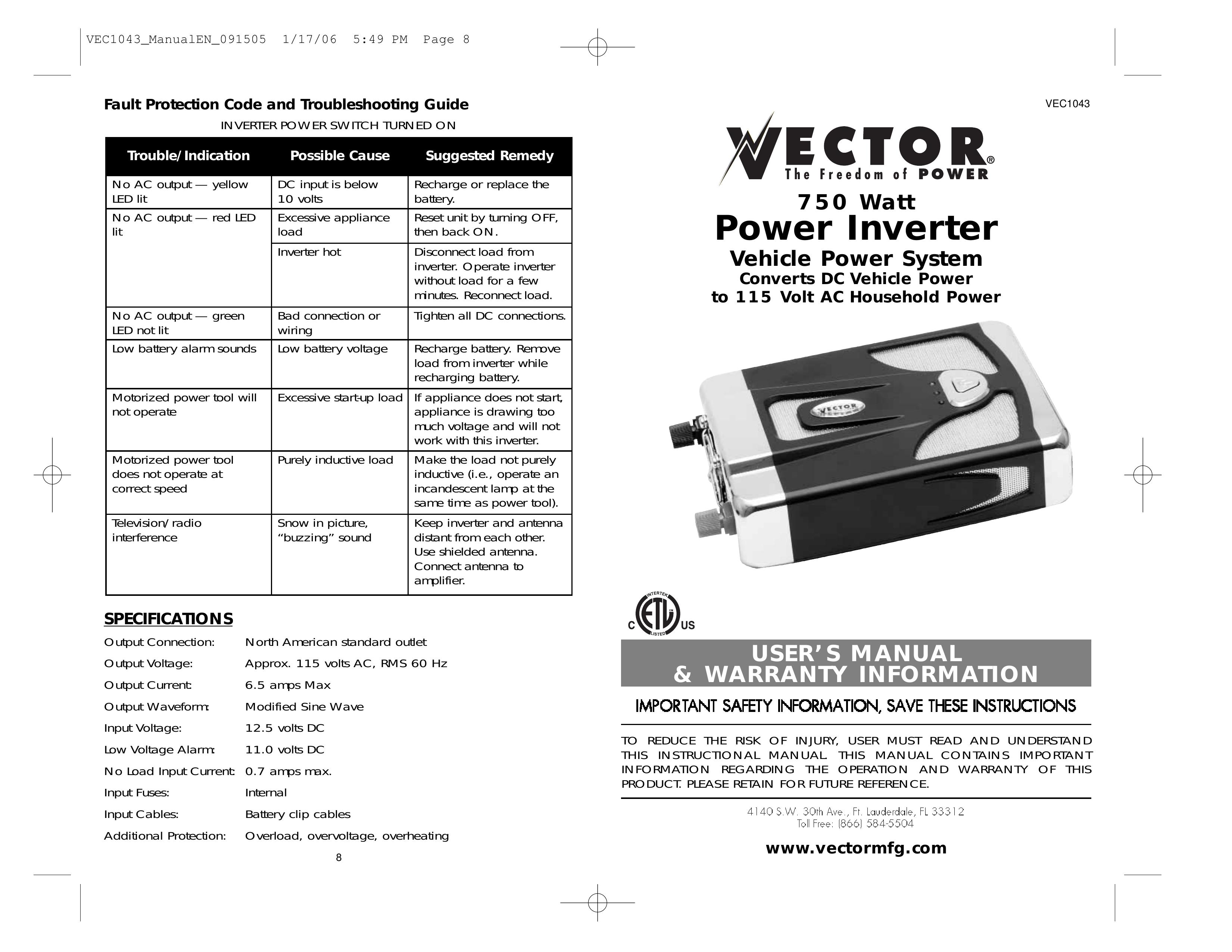 Vector VEC1043 Marine Battery User Manual