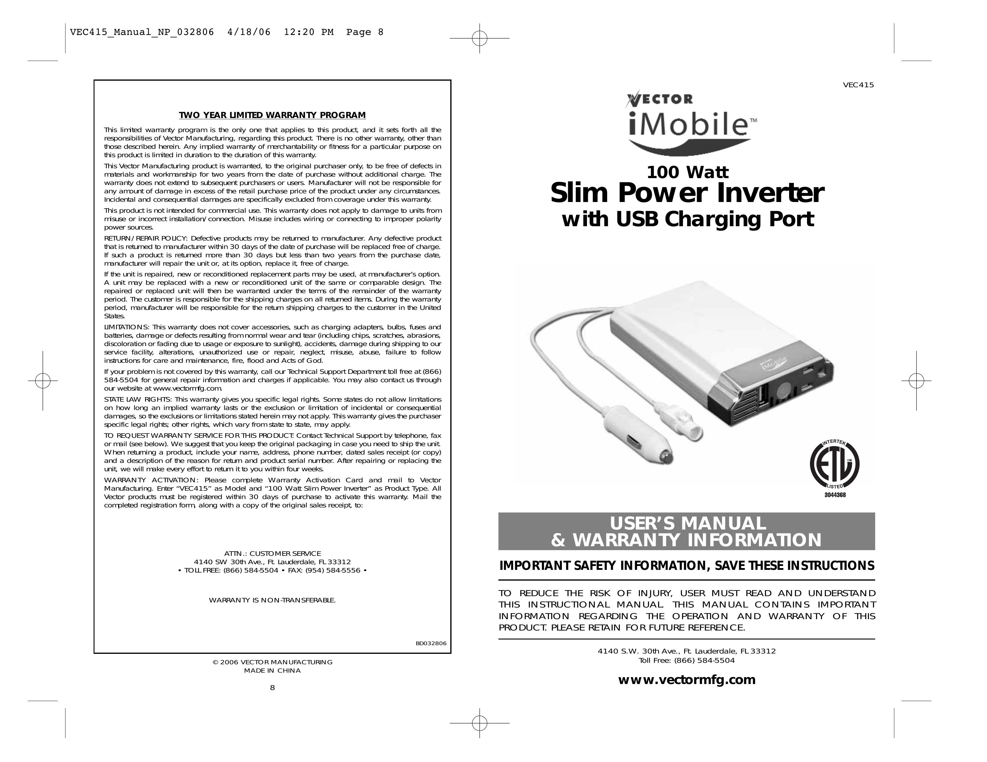 Vector VEC415 Marine Battery User Manual