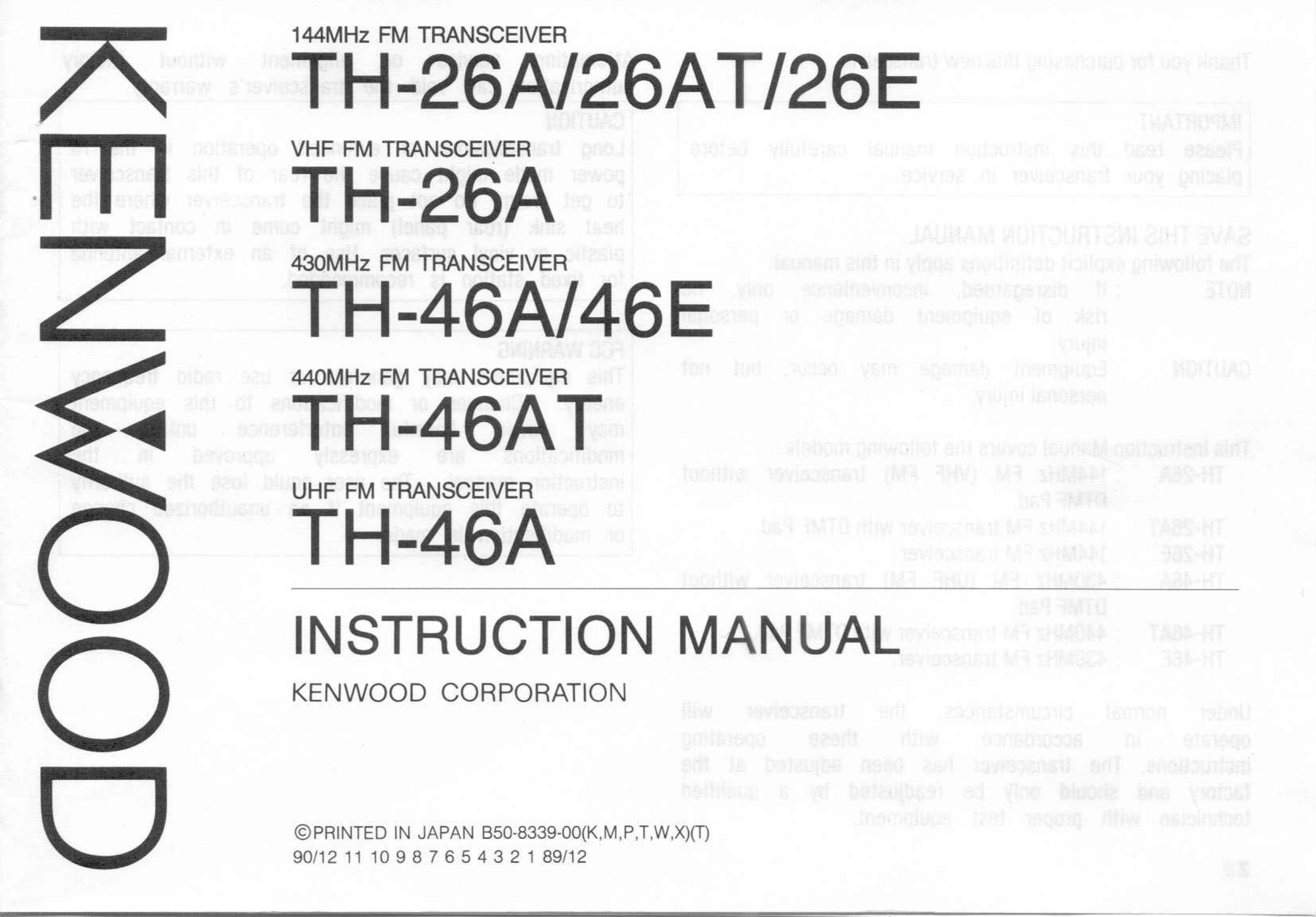 Kenwood TH-26E Marine Radio User Manual