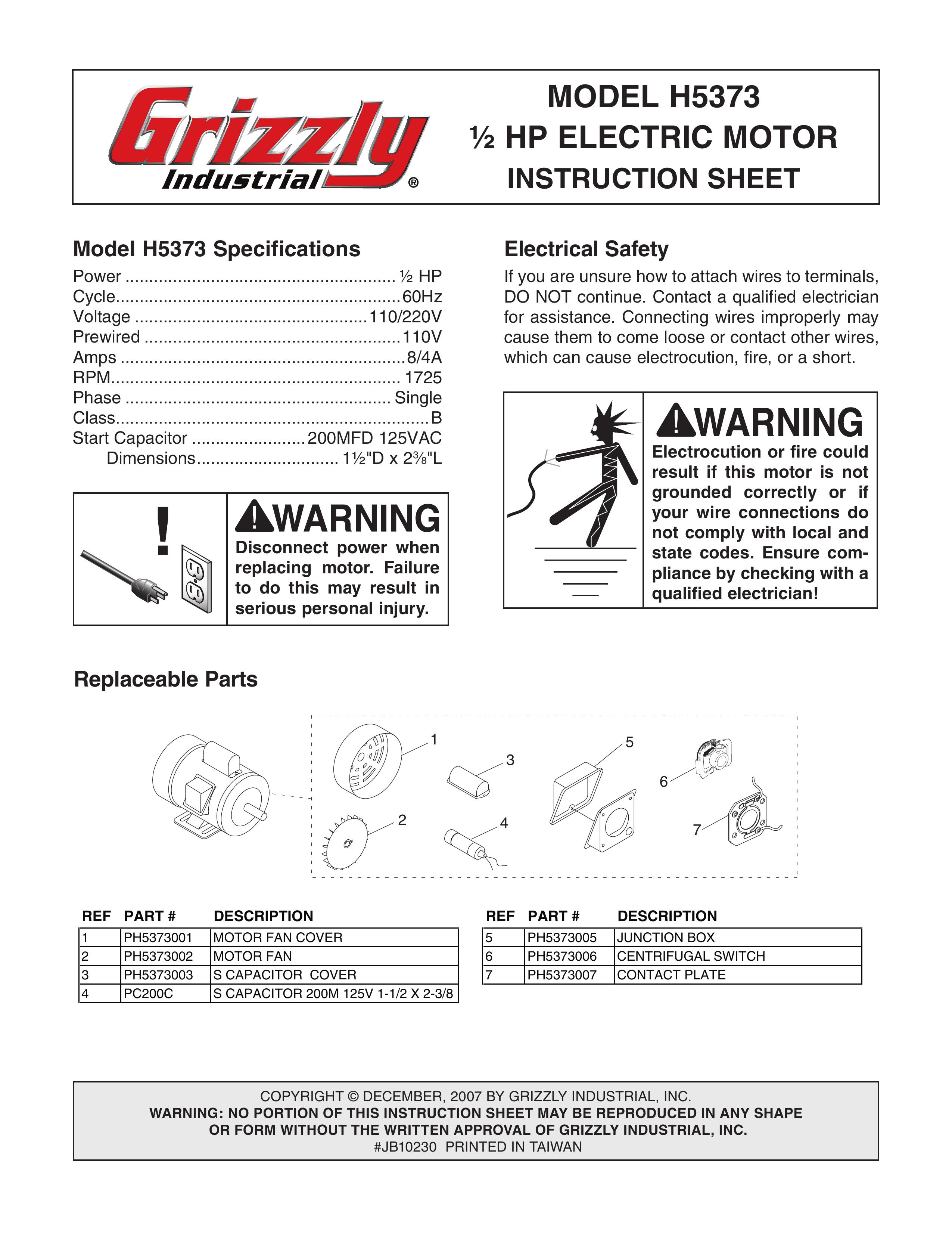 Grizzly H5373 Outboard Motor User Manual