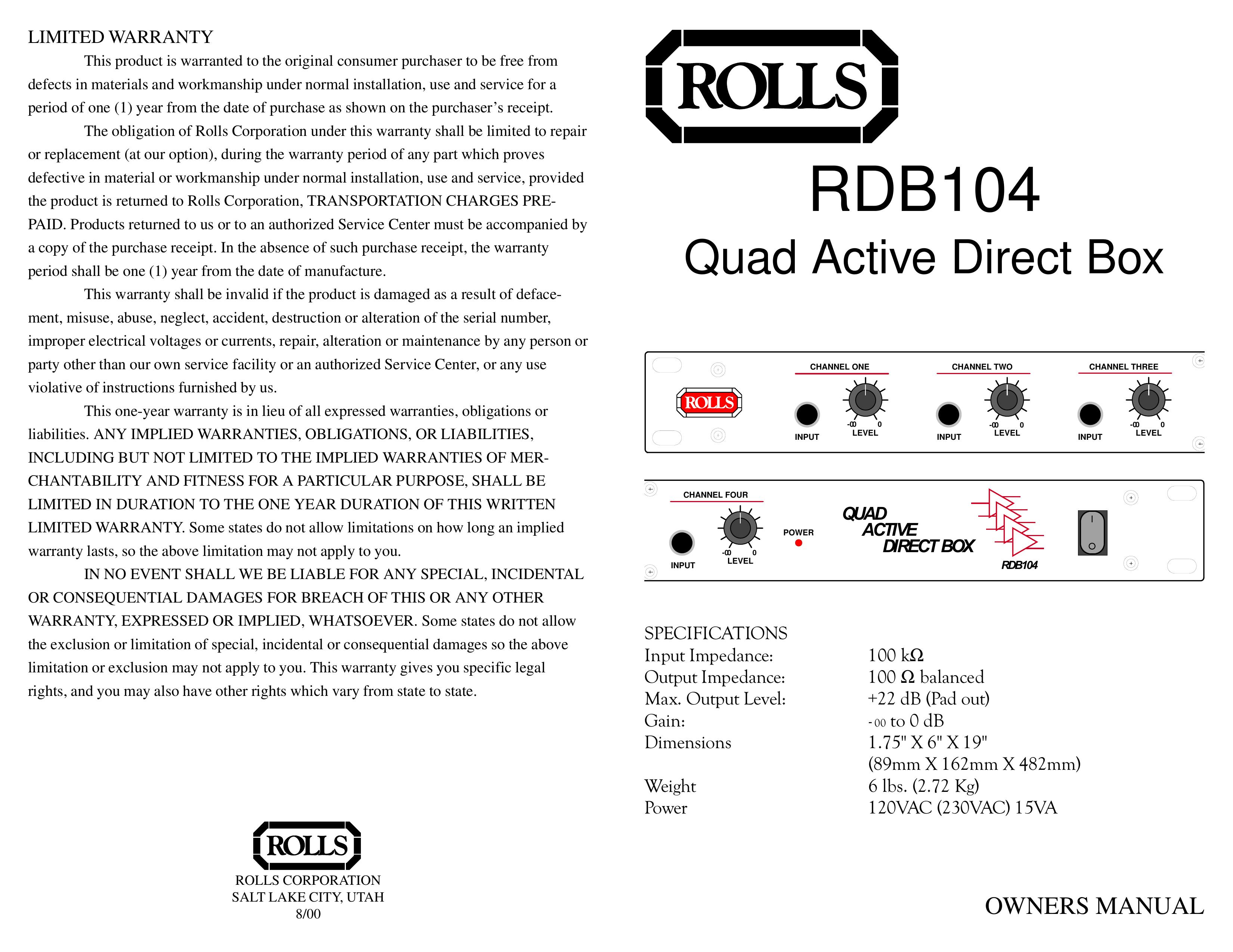 Rolls RDB104 DJ Equipment User Manual