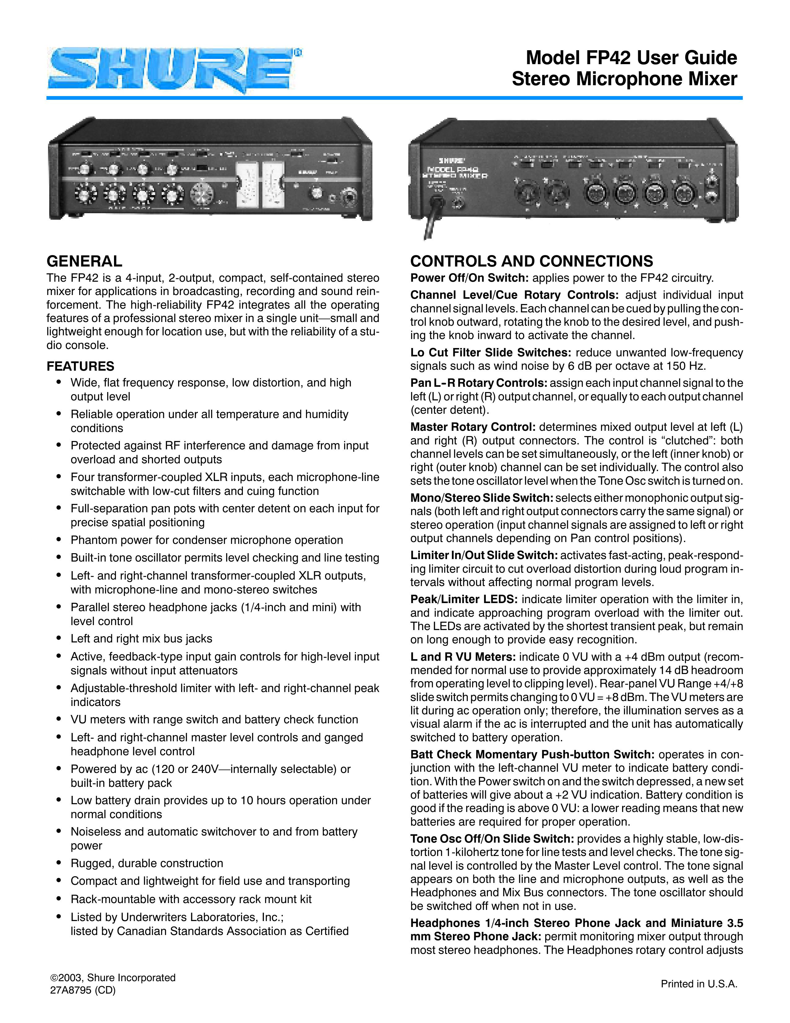 Shure Model FP42 DJ Equipment User Manual