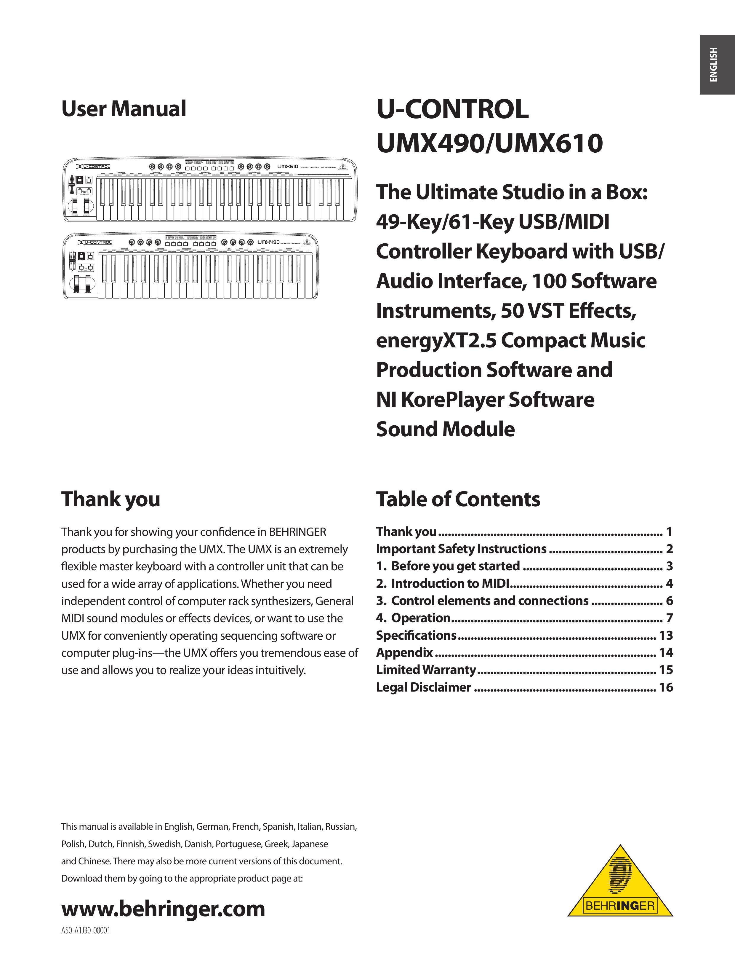 Behringer UMX610 Electronic Keyboard User Manual