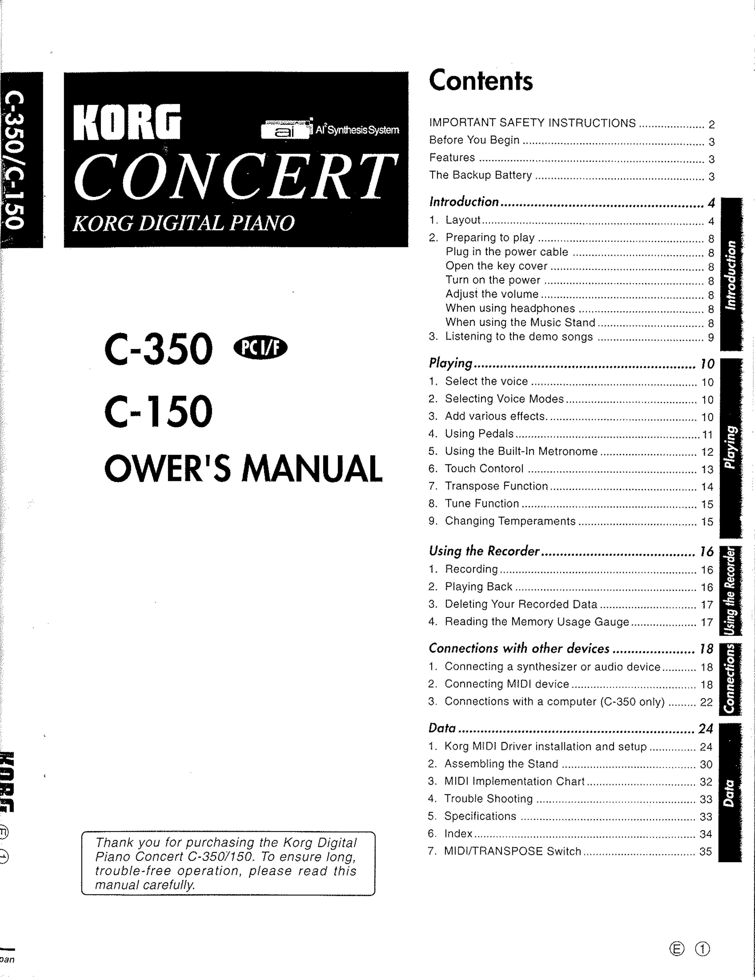 Korg C-150 Electronic Keyboard User Manual
