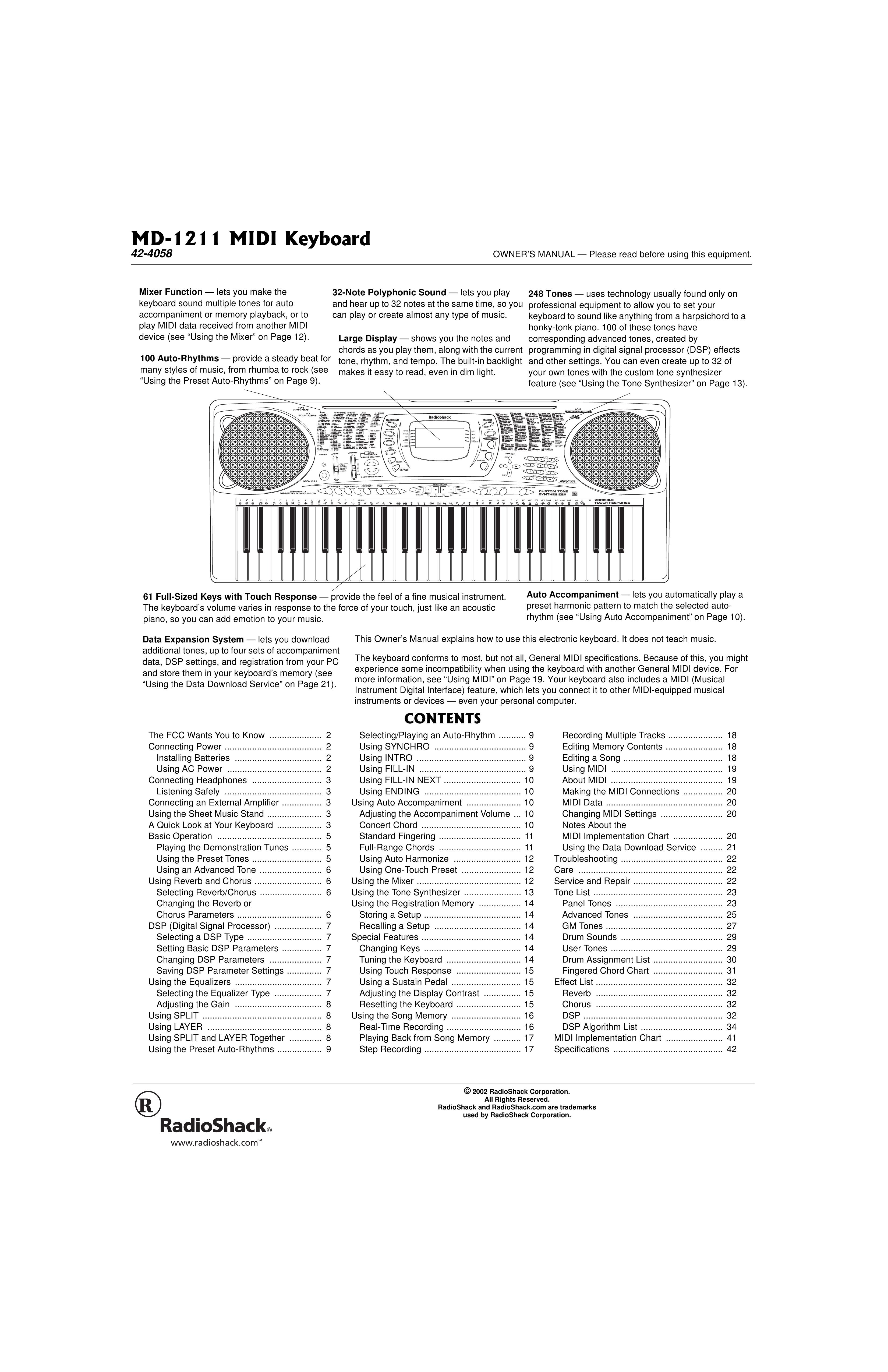 Radio Shack 42-4058 Electronic Keyboard User Manual