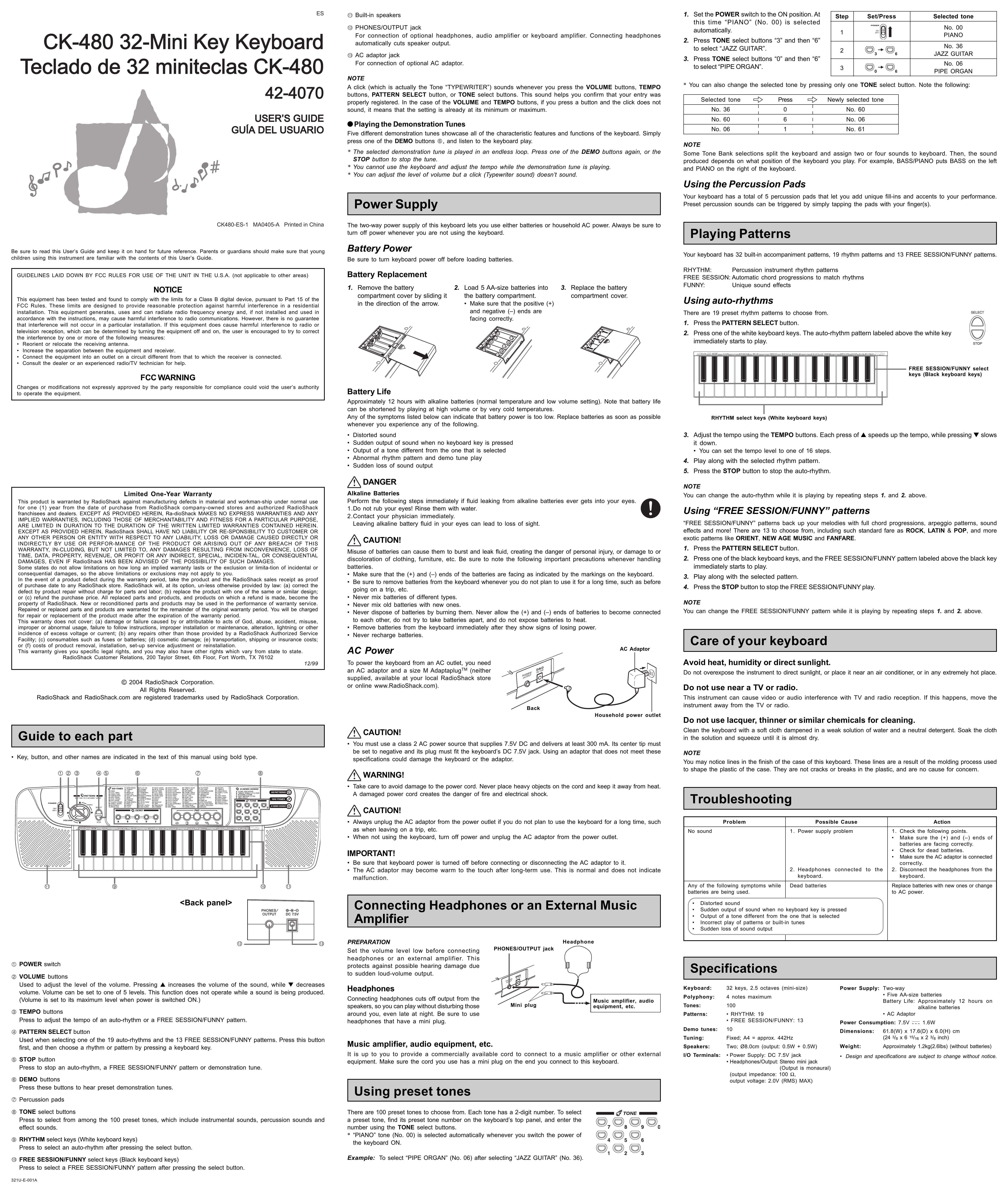 Radio Shack CK-480 Electronic Keyboard User Manual