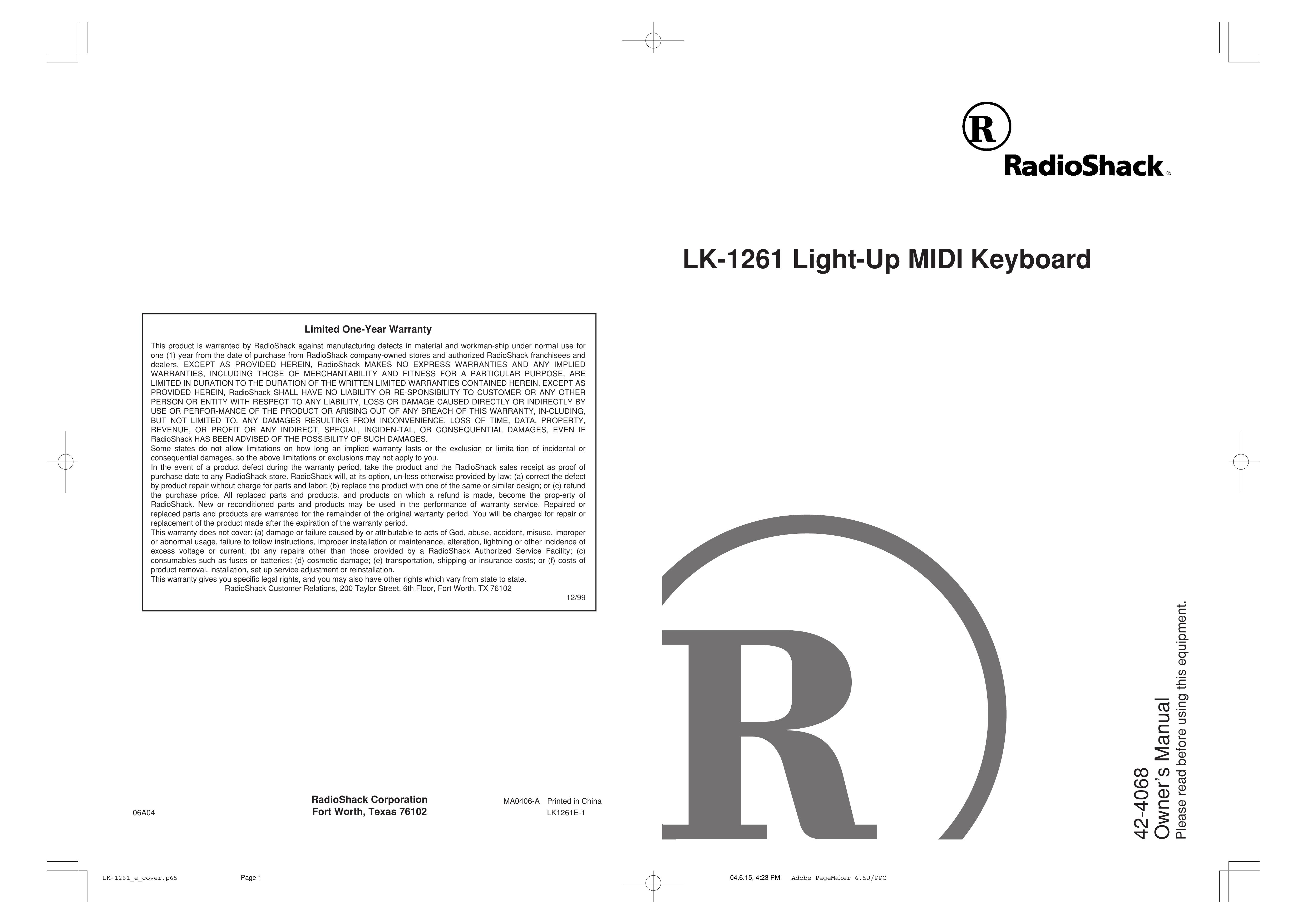 Radio Shack LK-1261 Electronic Keyboard User Manual