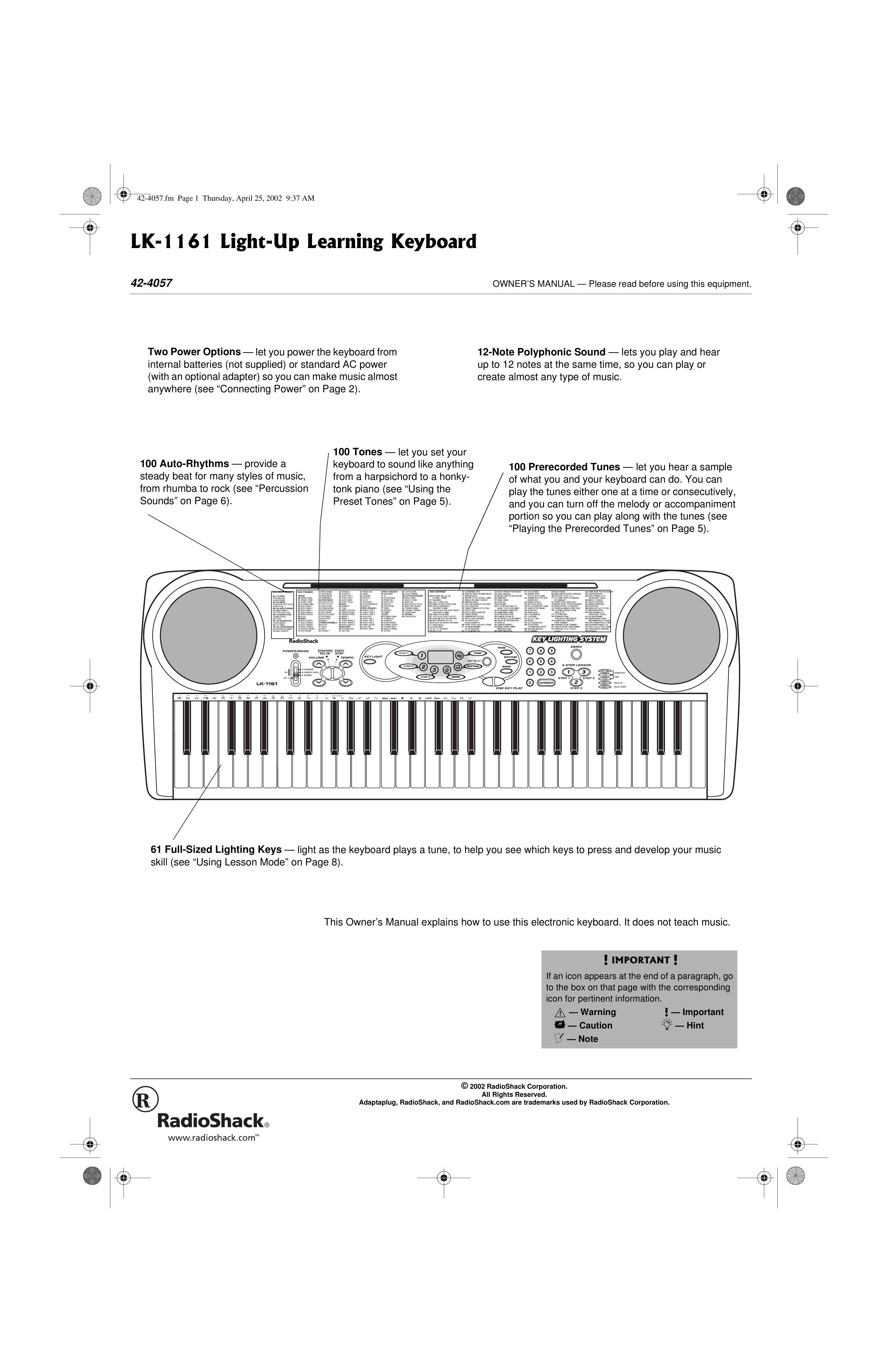 Radio Shack LK1161E-1 Electronic Keyboard User Manual
