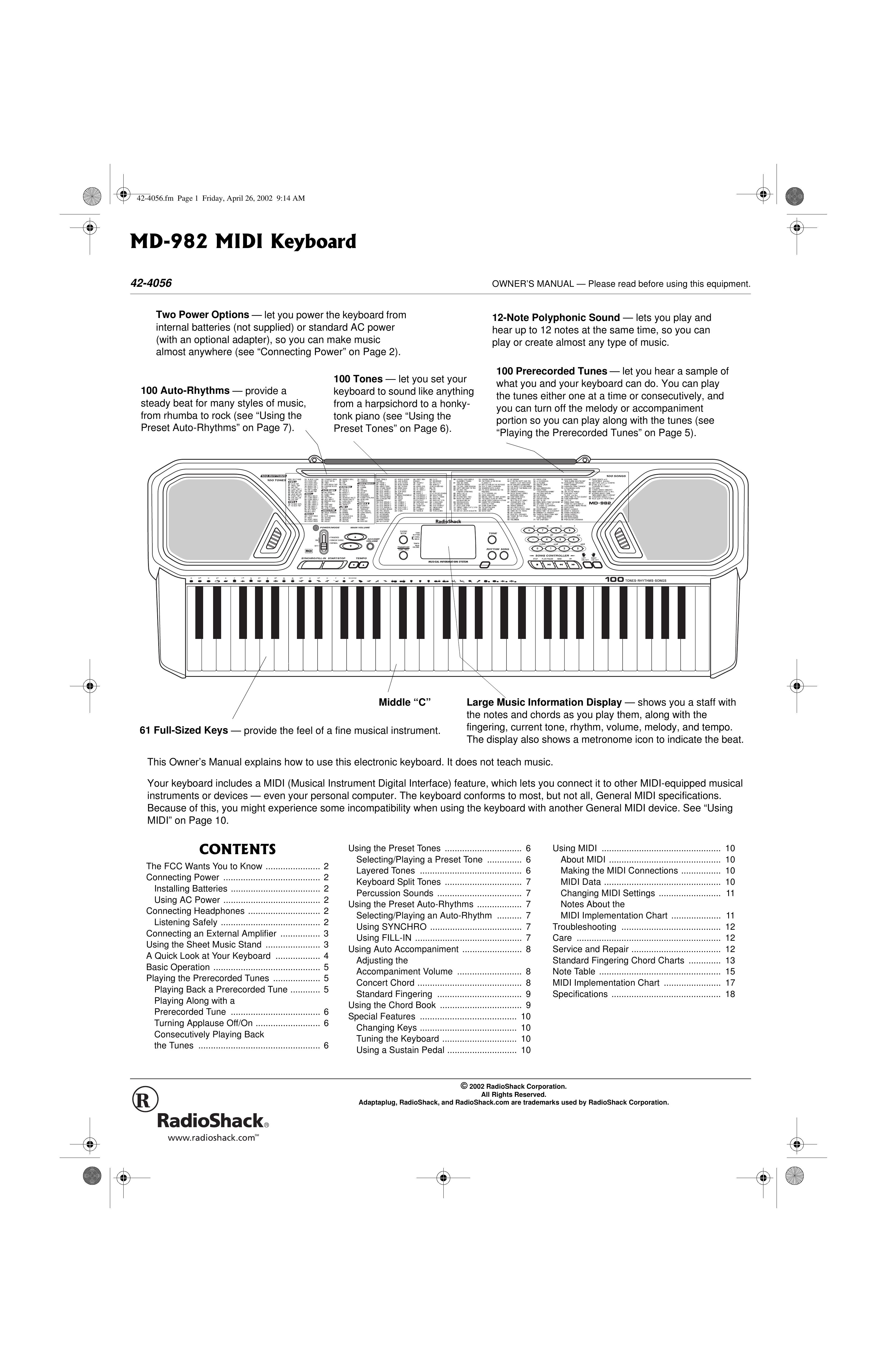Radio Shack MD-982 Electronic Keyboard User Manual