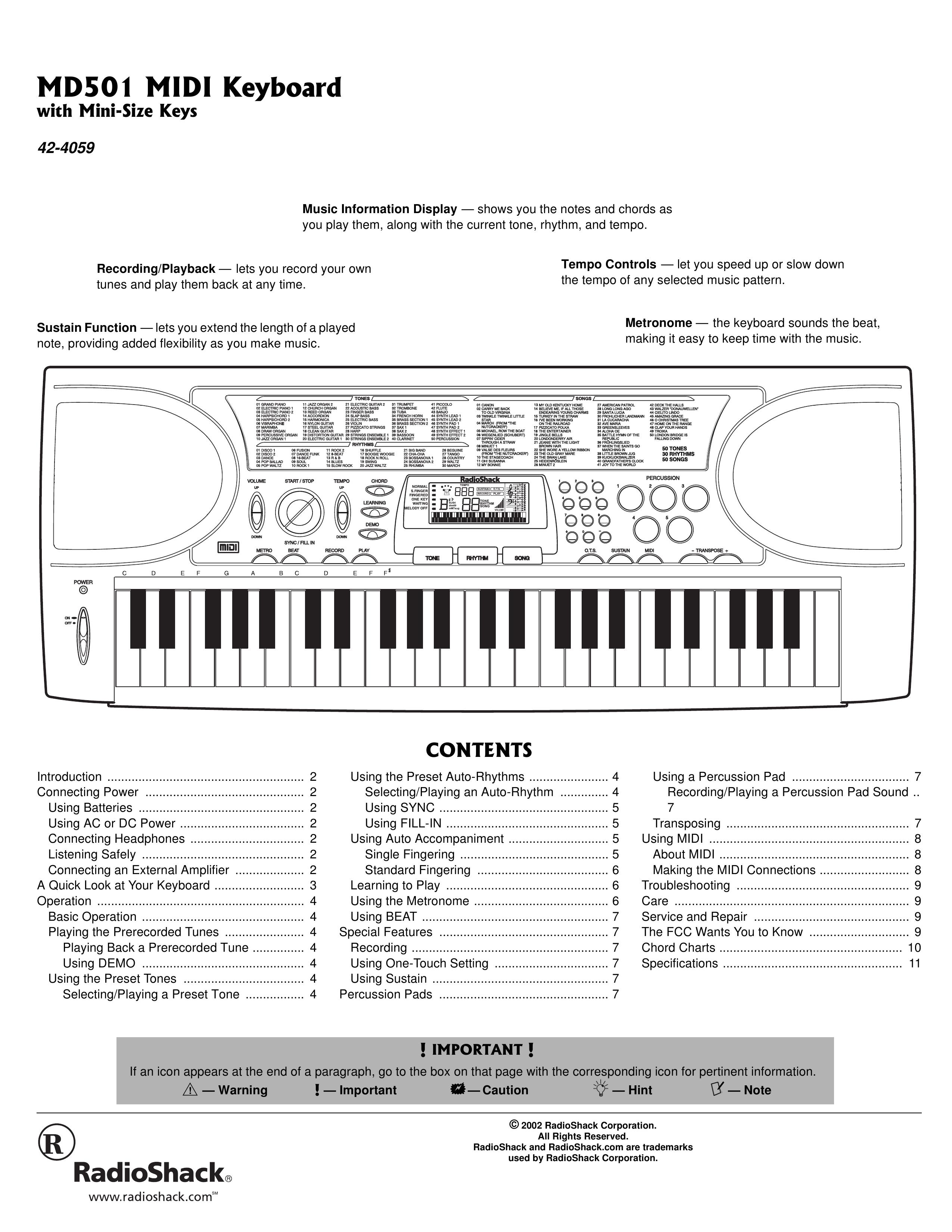 Radio Shack MD501 Electronic Keyboard User Manual