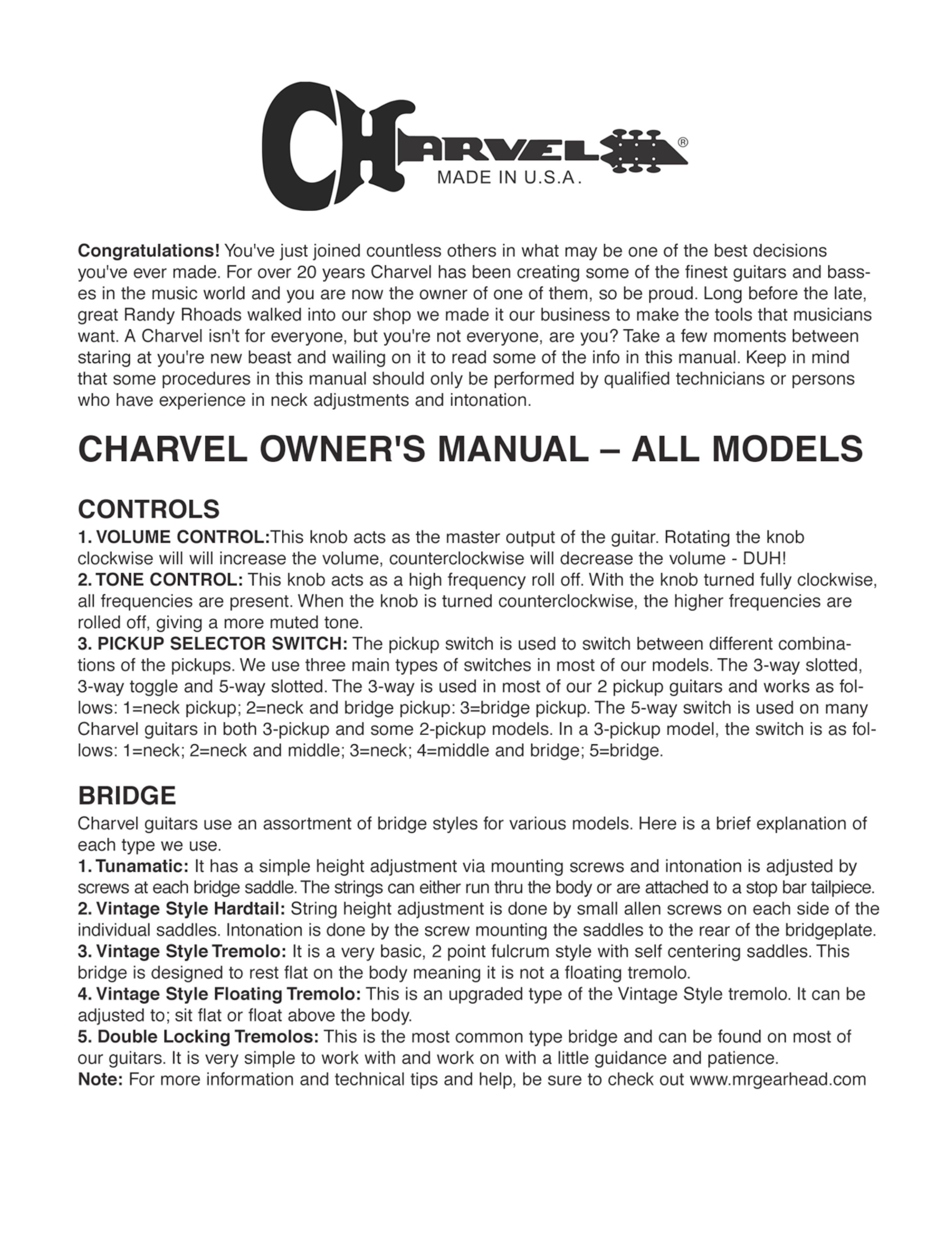 Charvel 2 2H Guitar User Manual