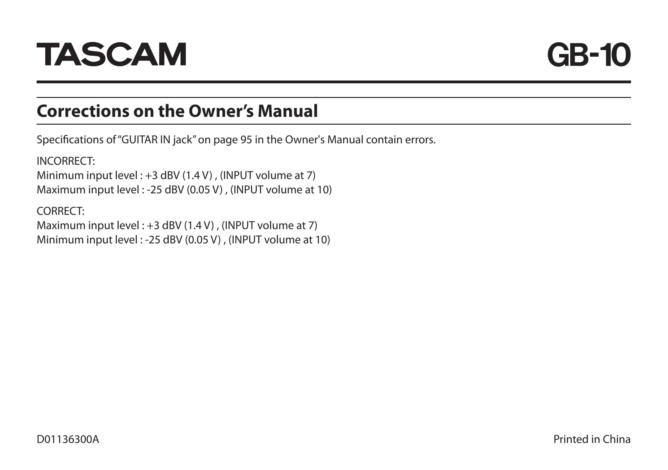 Tascam GB-10 Guitar User Manual