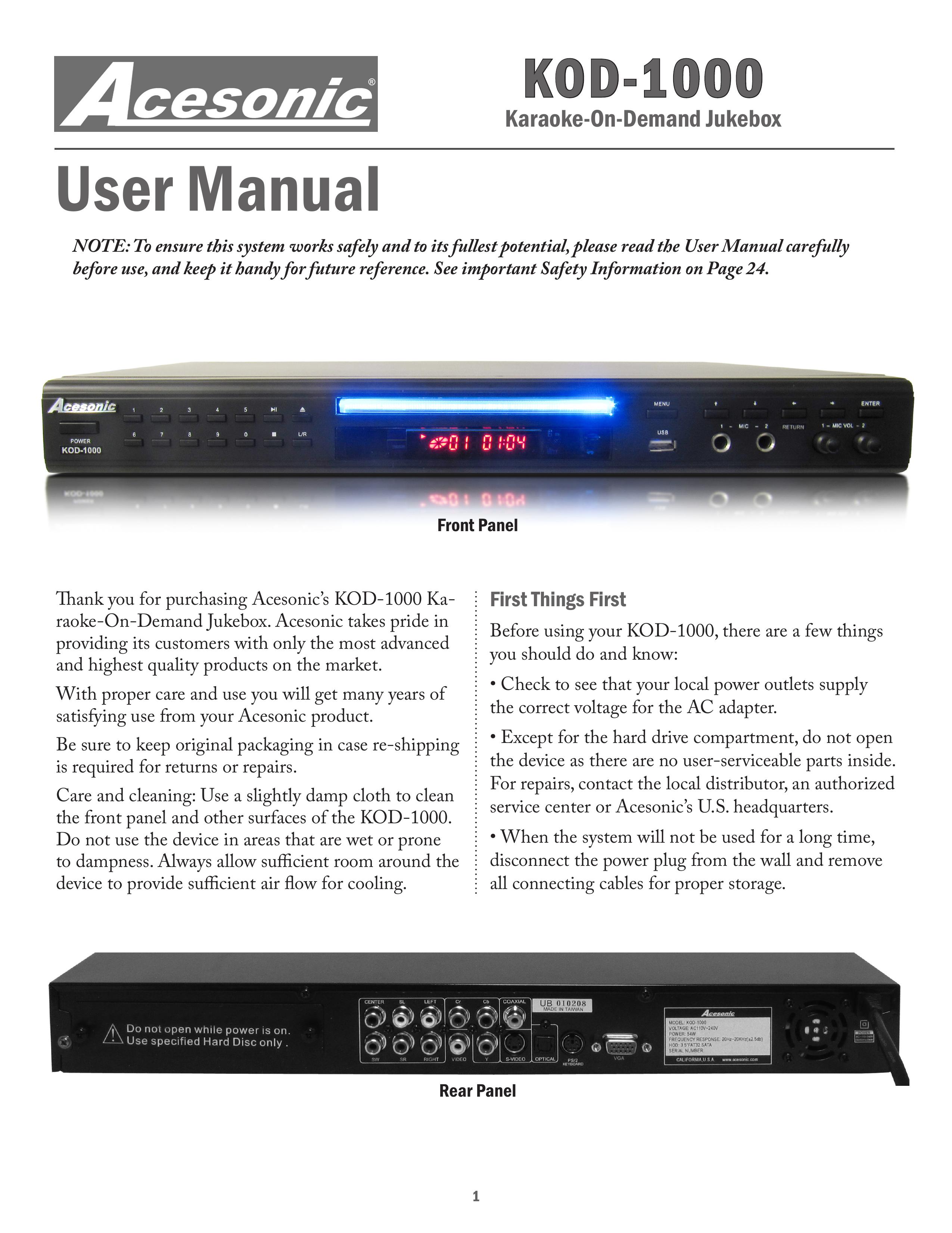Acesonic KOD-1000 Karaoke Machine User Manual