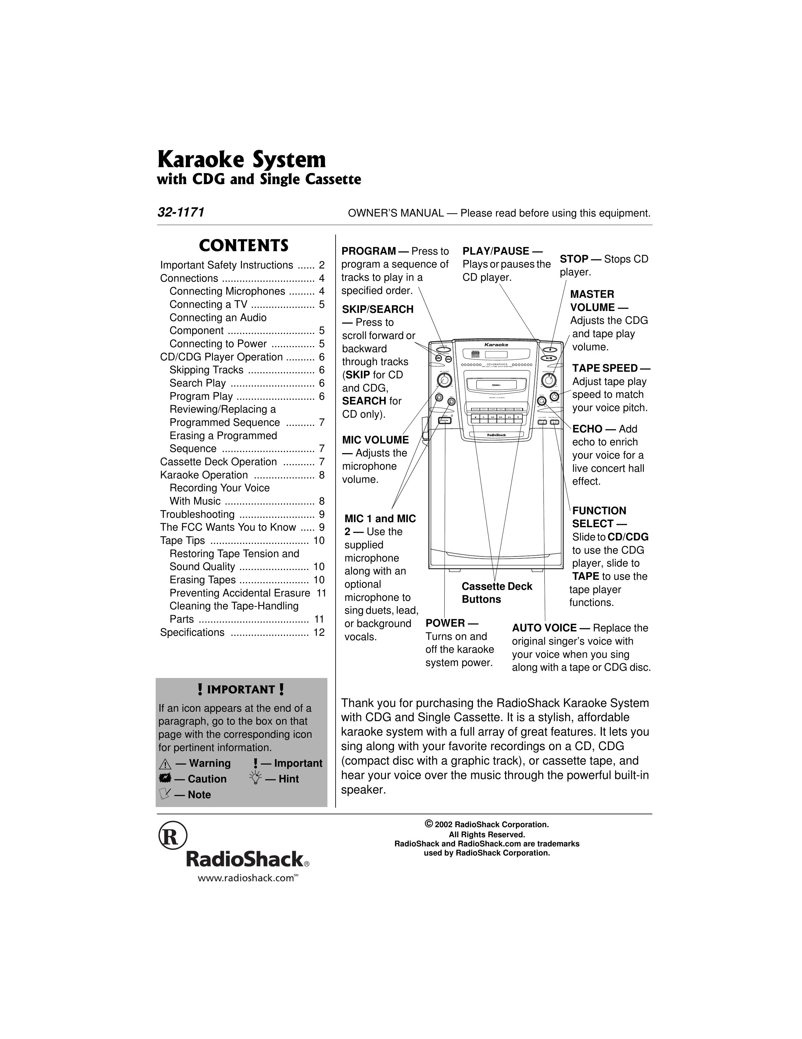 Radio Shack 32-1171 Karaoke Machine User Manual