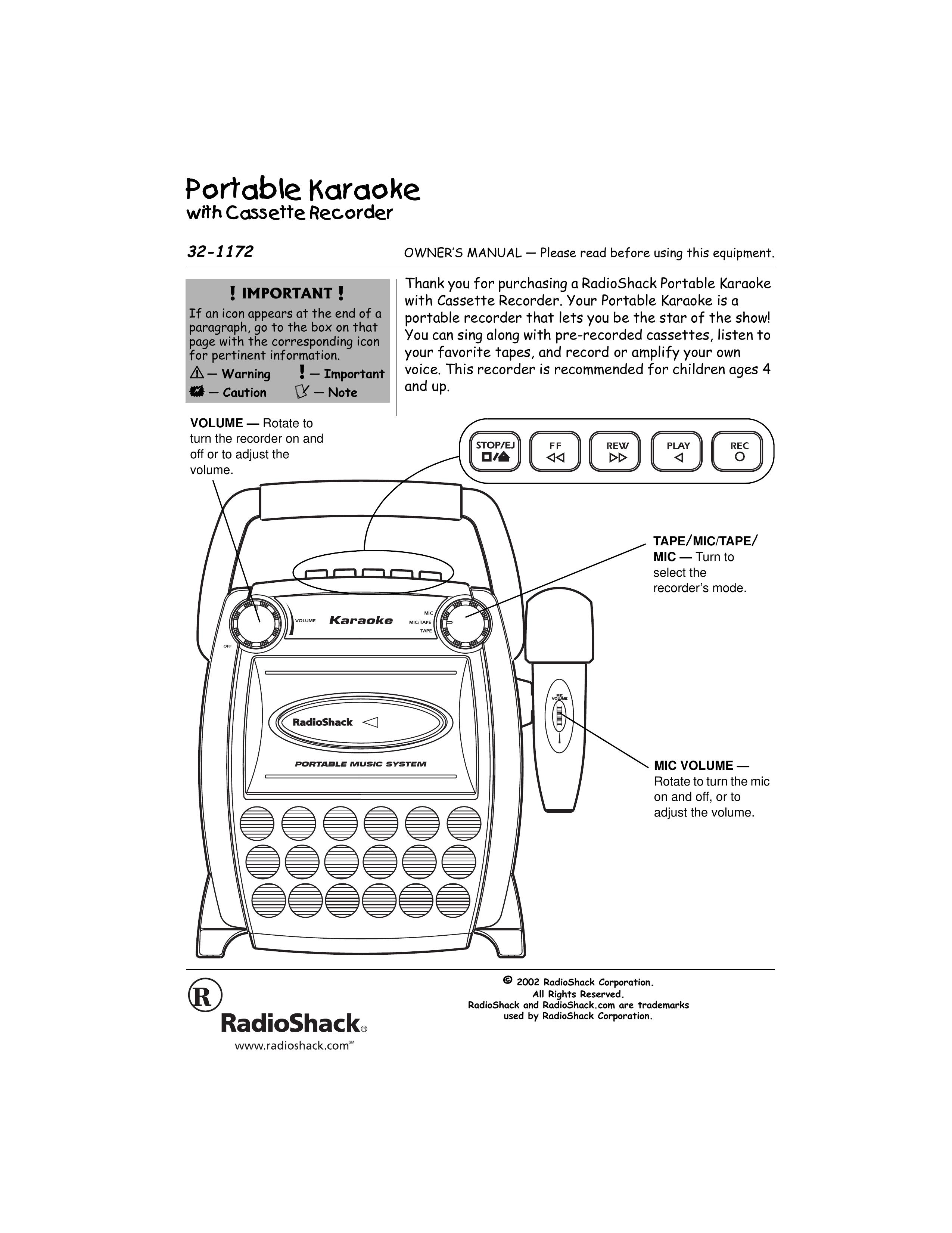 Radio Shack 32-1172 Karaoke Machine User Manual