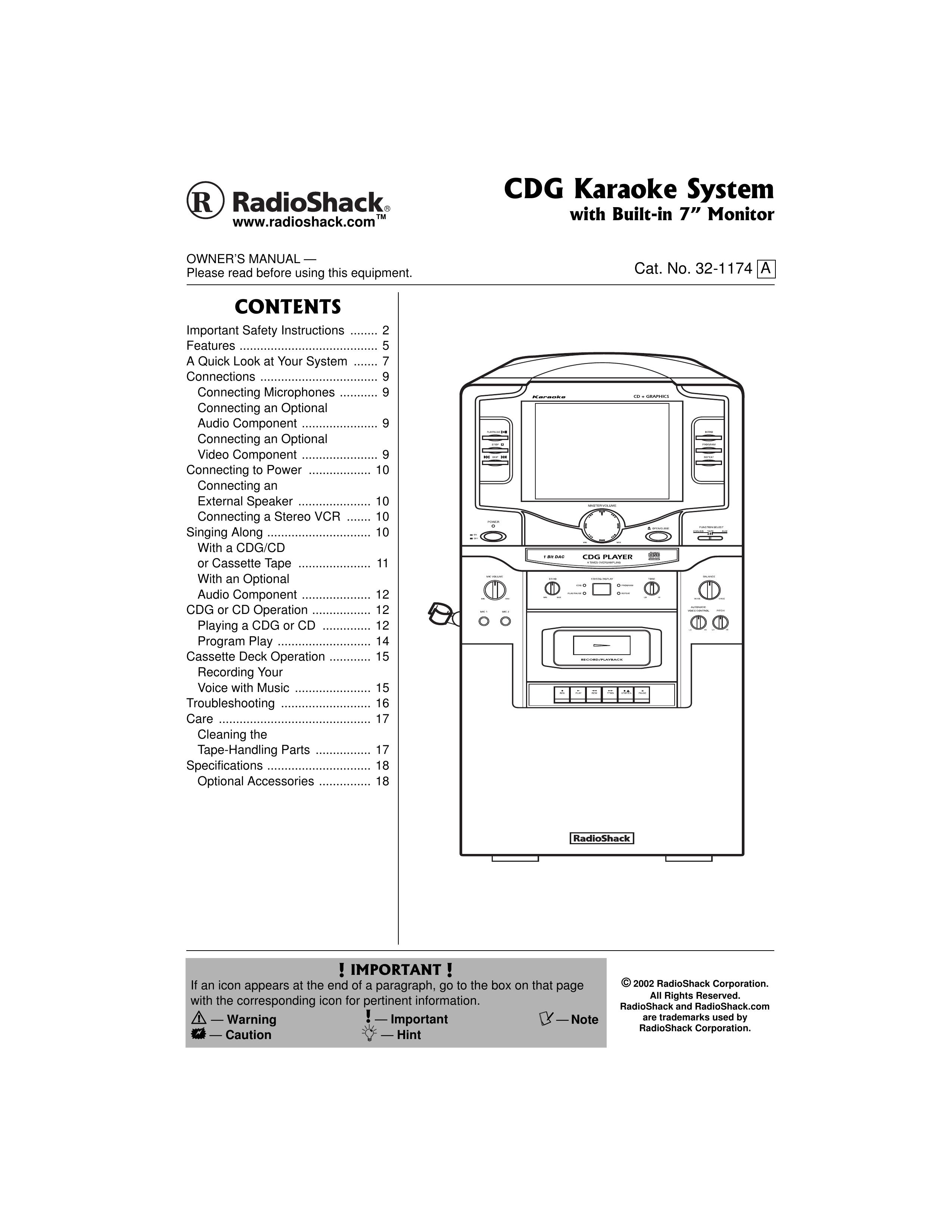 Radio Shack 32-1174 A Karaoke Machine User Manual