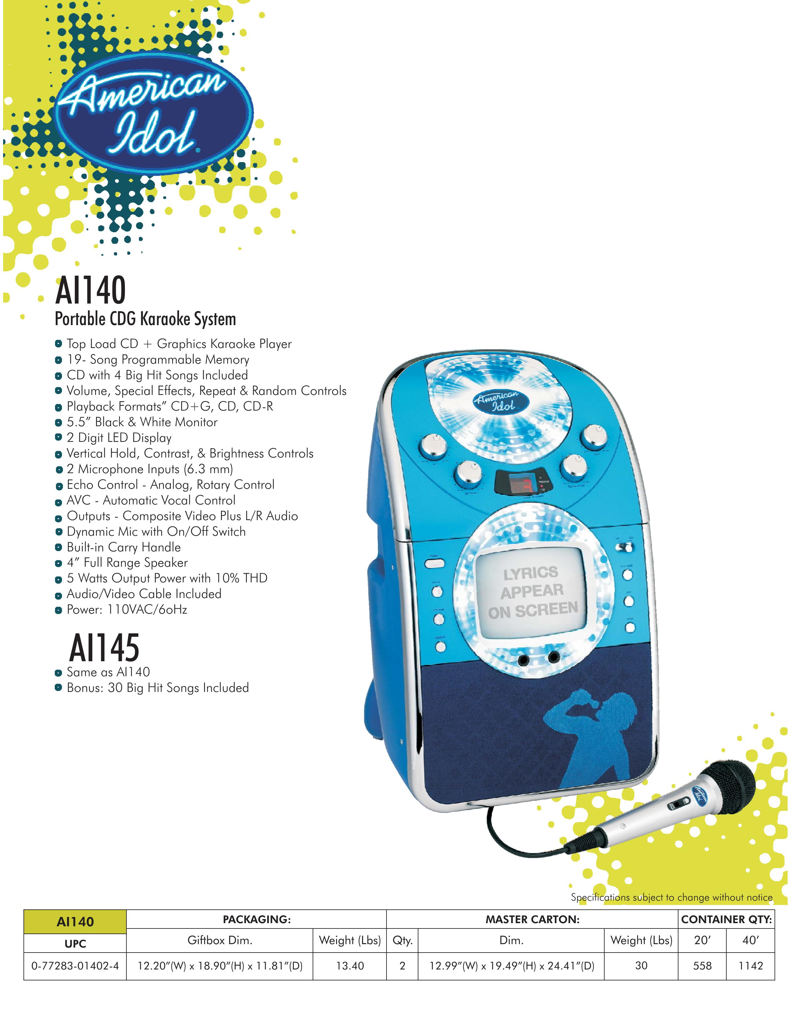 Spectra AI140 Karaoke Machine User Manual