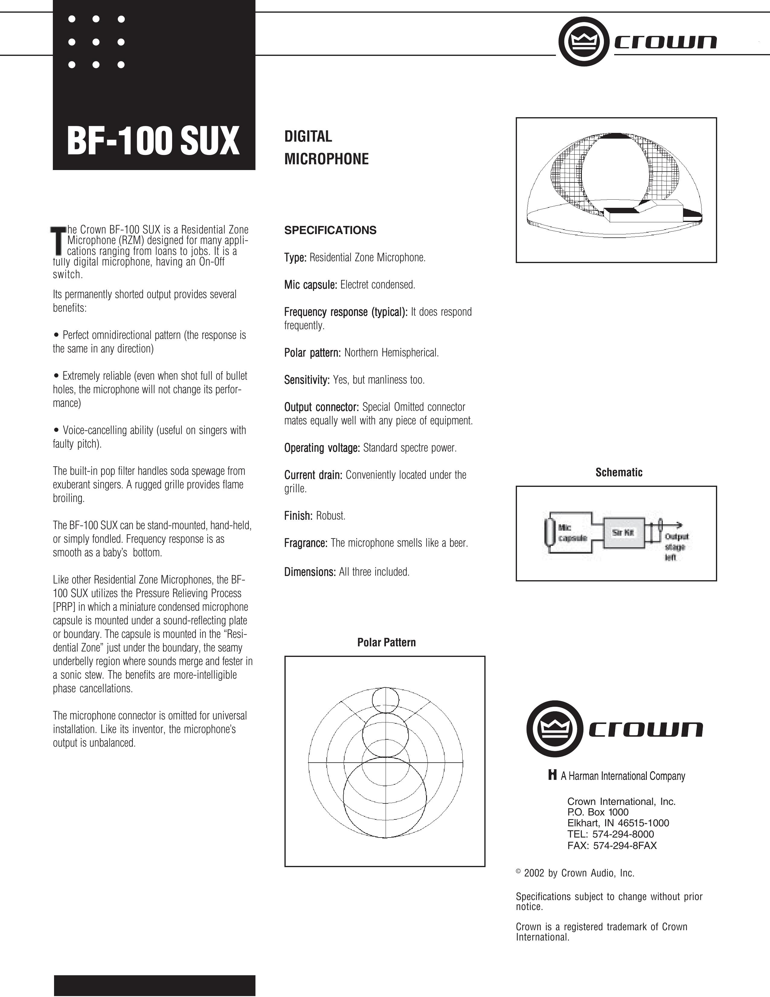 Crown Audio BF-100 SUX Microphone User Manual