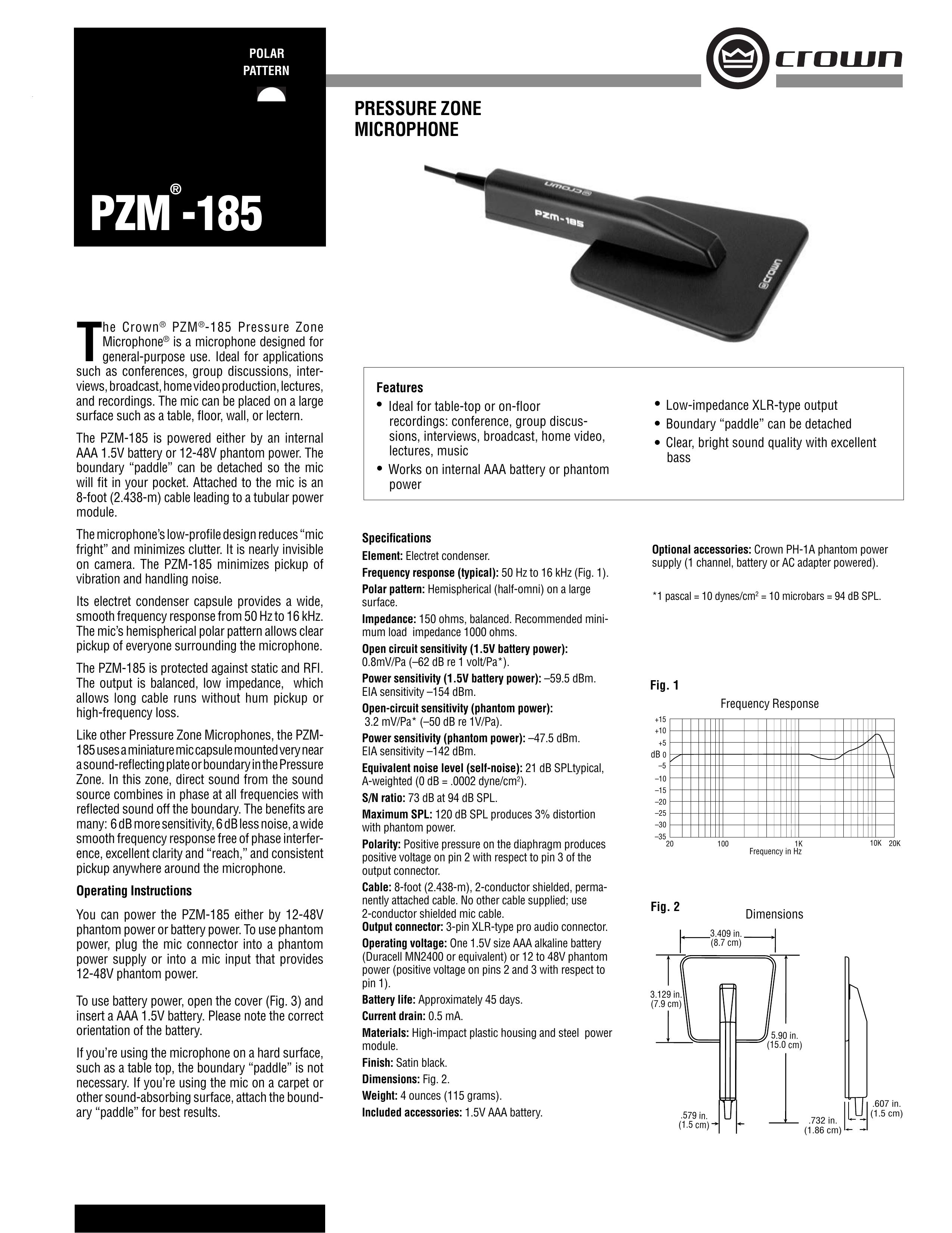 Crown Audio PZM-185 Microphone User Manual