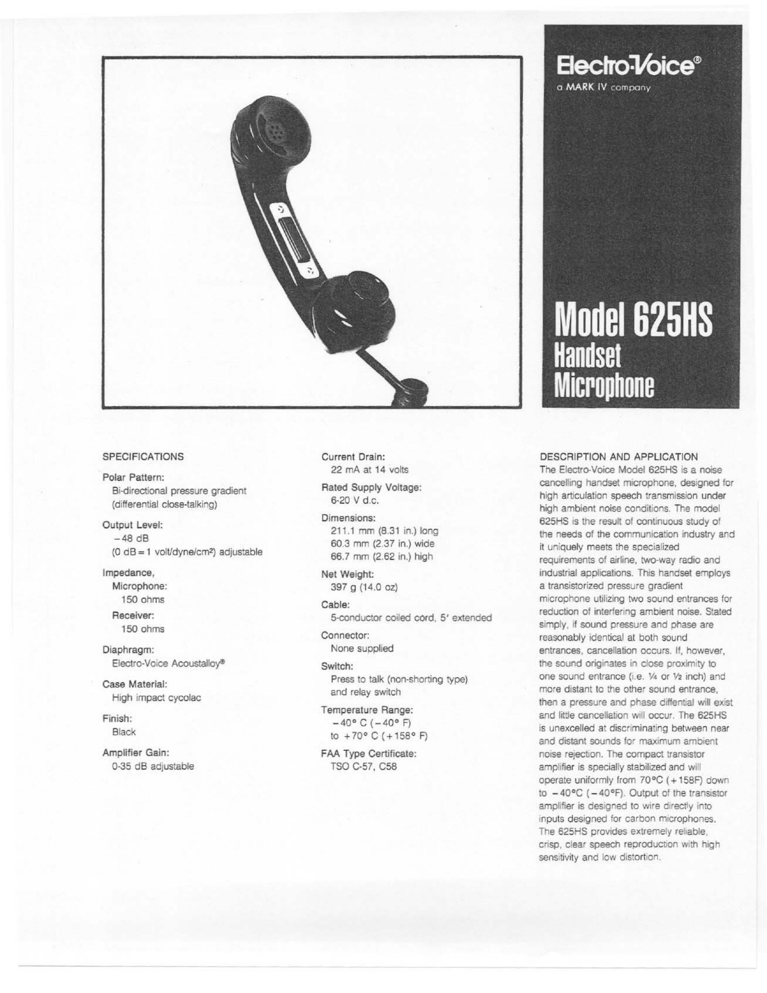 Electro-Voice 625HS Microphone User Manual