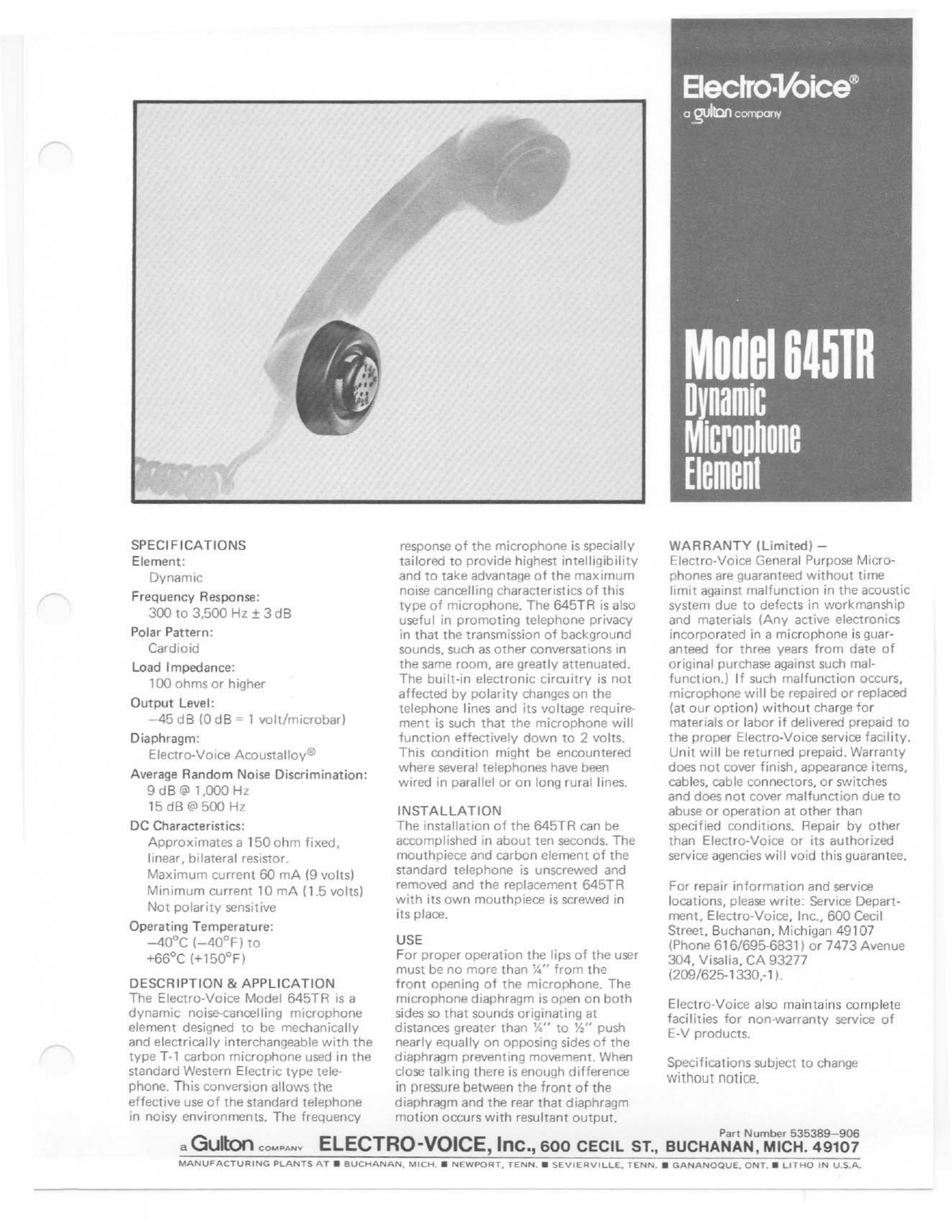 Electro-Voice 645TR Microphone User Manual