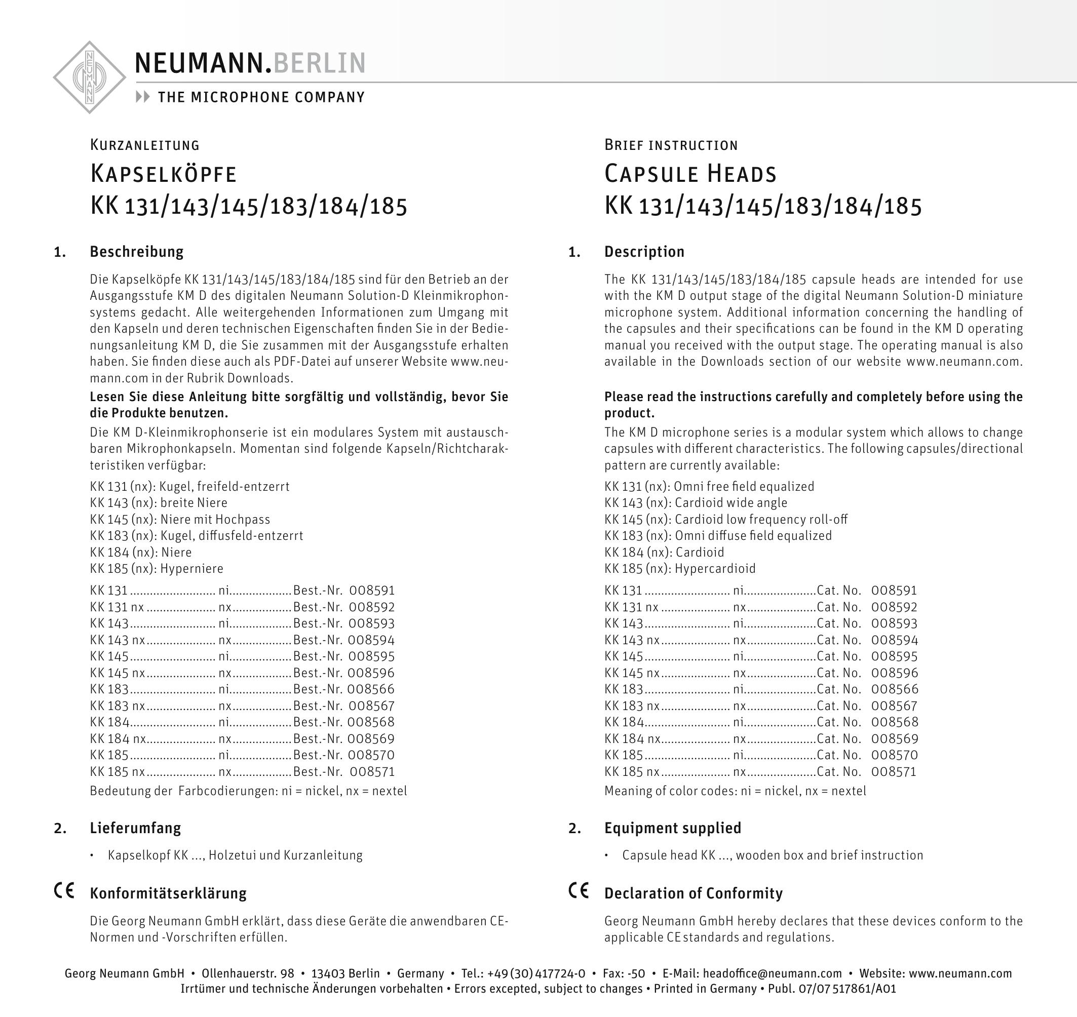 Neumann.Berlin KK 185 Microphone User Manual