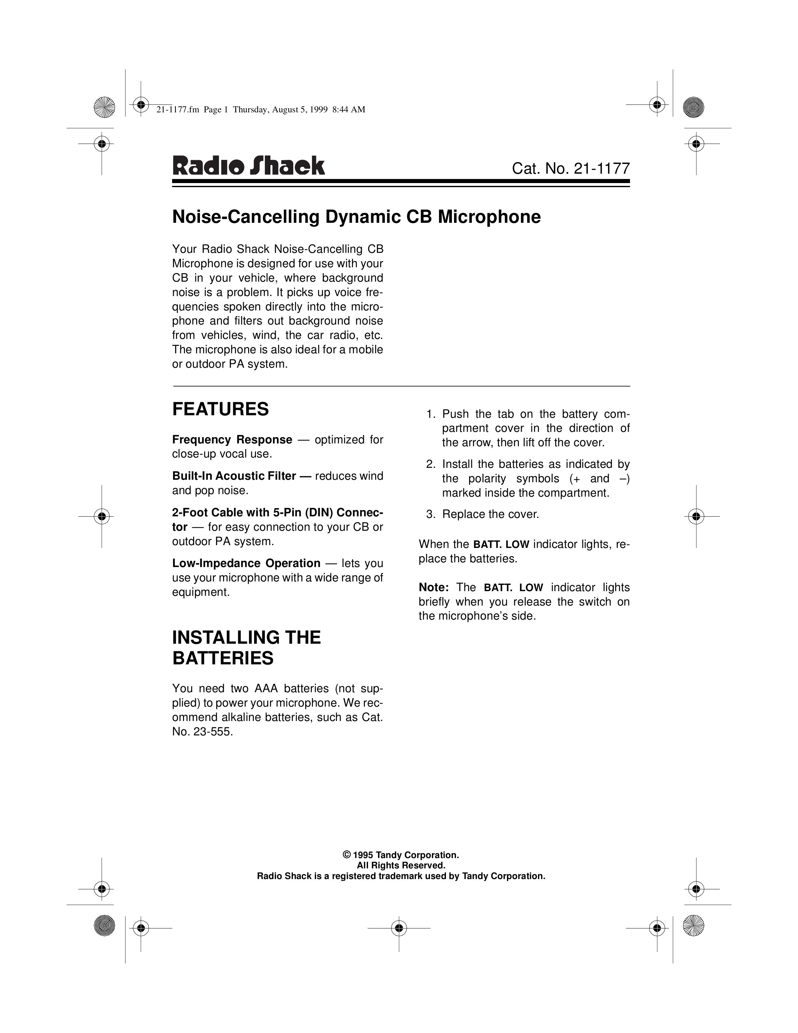 Radio Shack 21-1177 Microphone User Manual