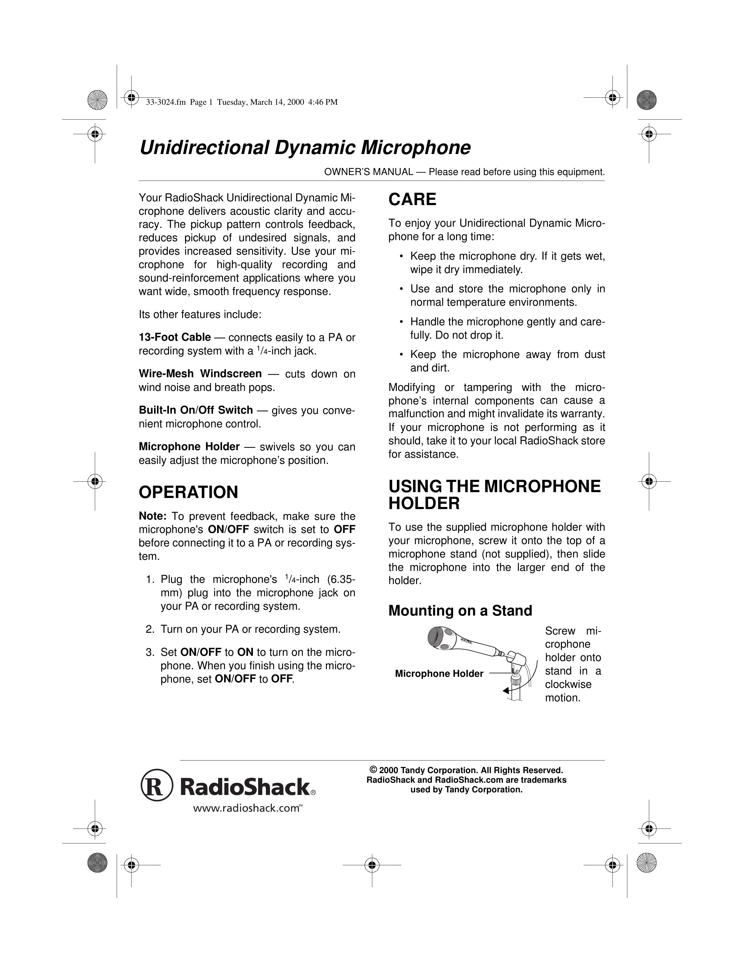 Radio Shack 33-3024 Microphone User Manual