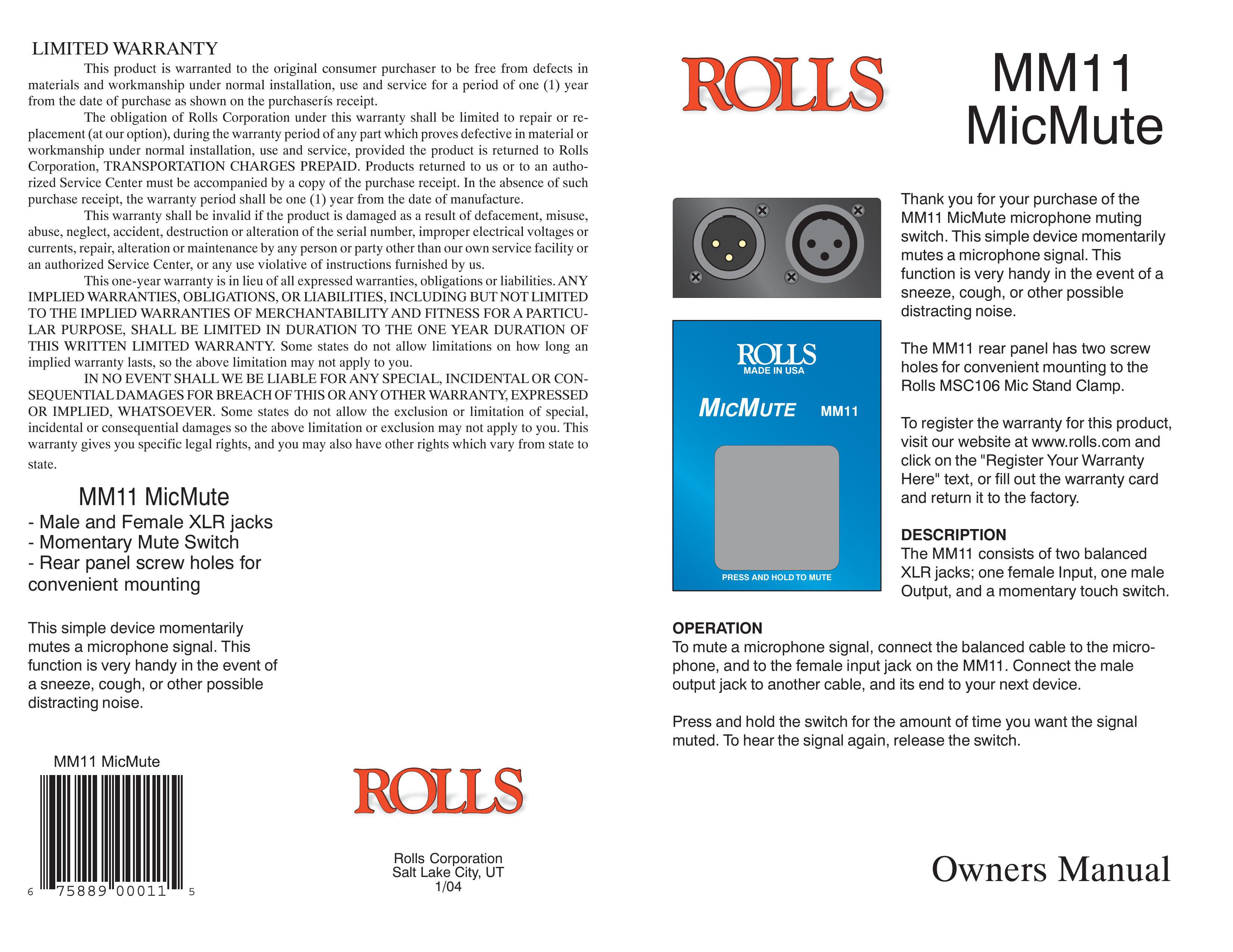Rolls MM11 Microphone User Manual