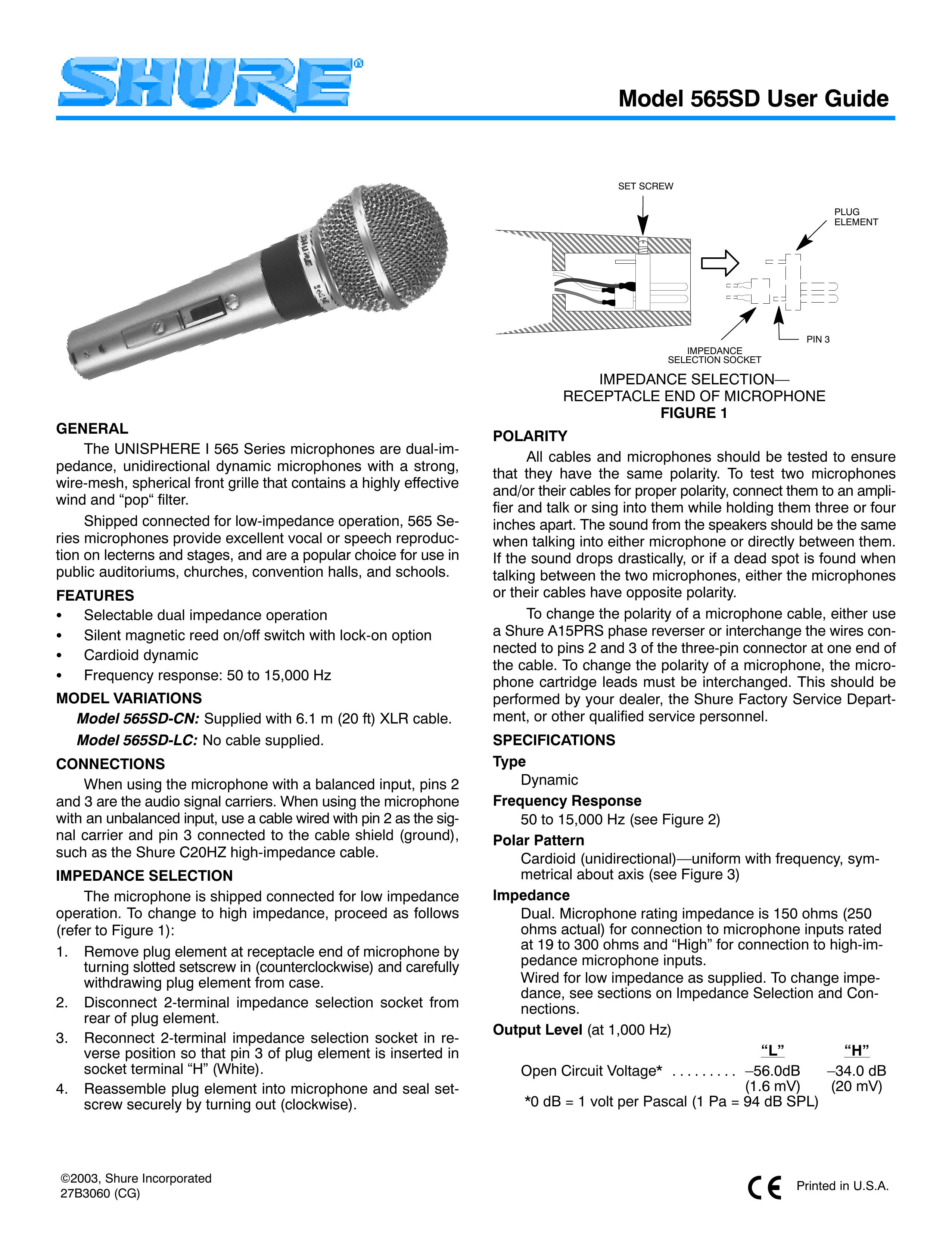 Shure 565SD Microphone User Manual