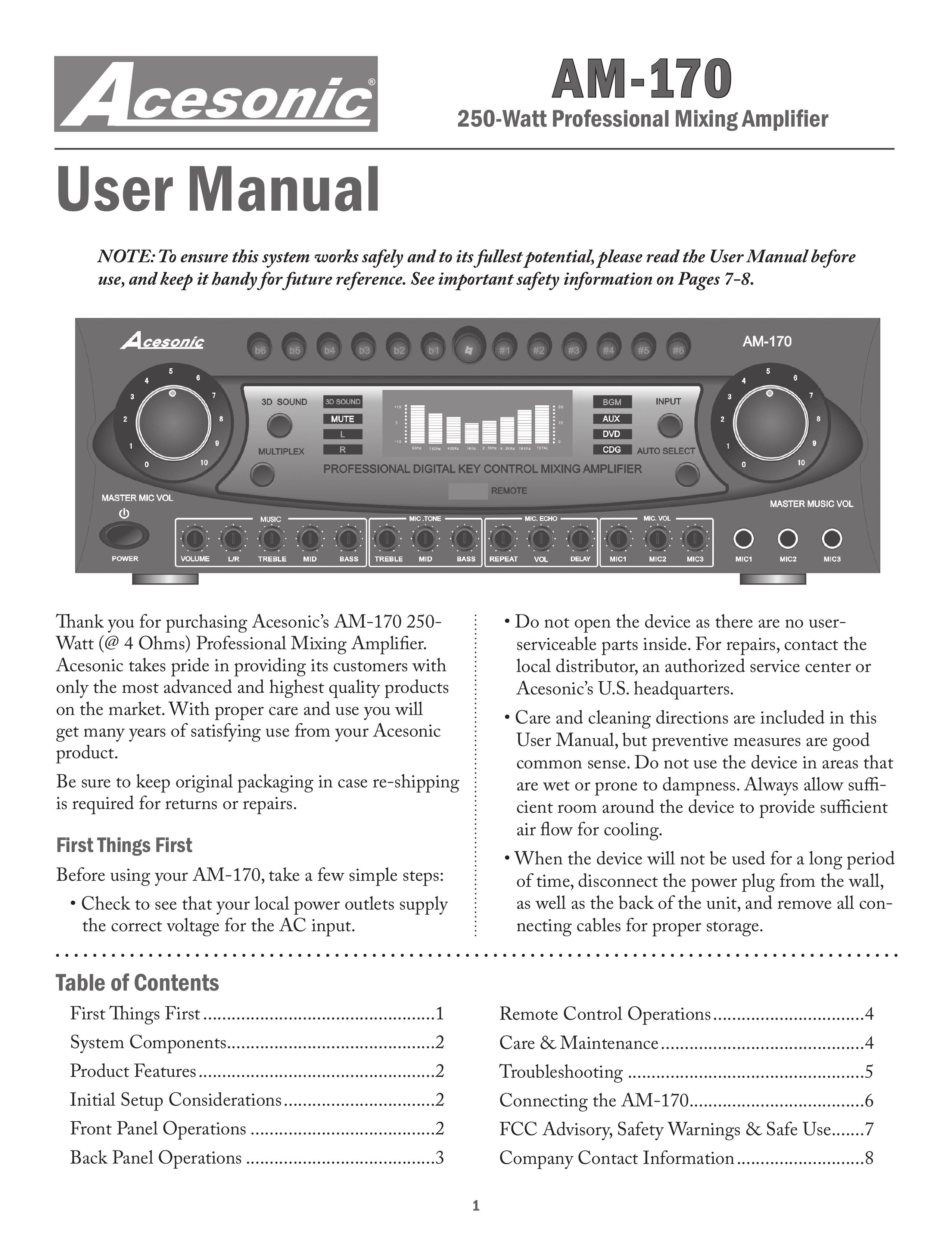 Acesonic AM-170 Music Mixer User Manual