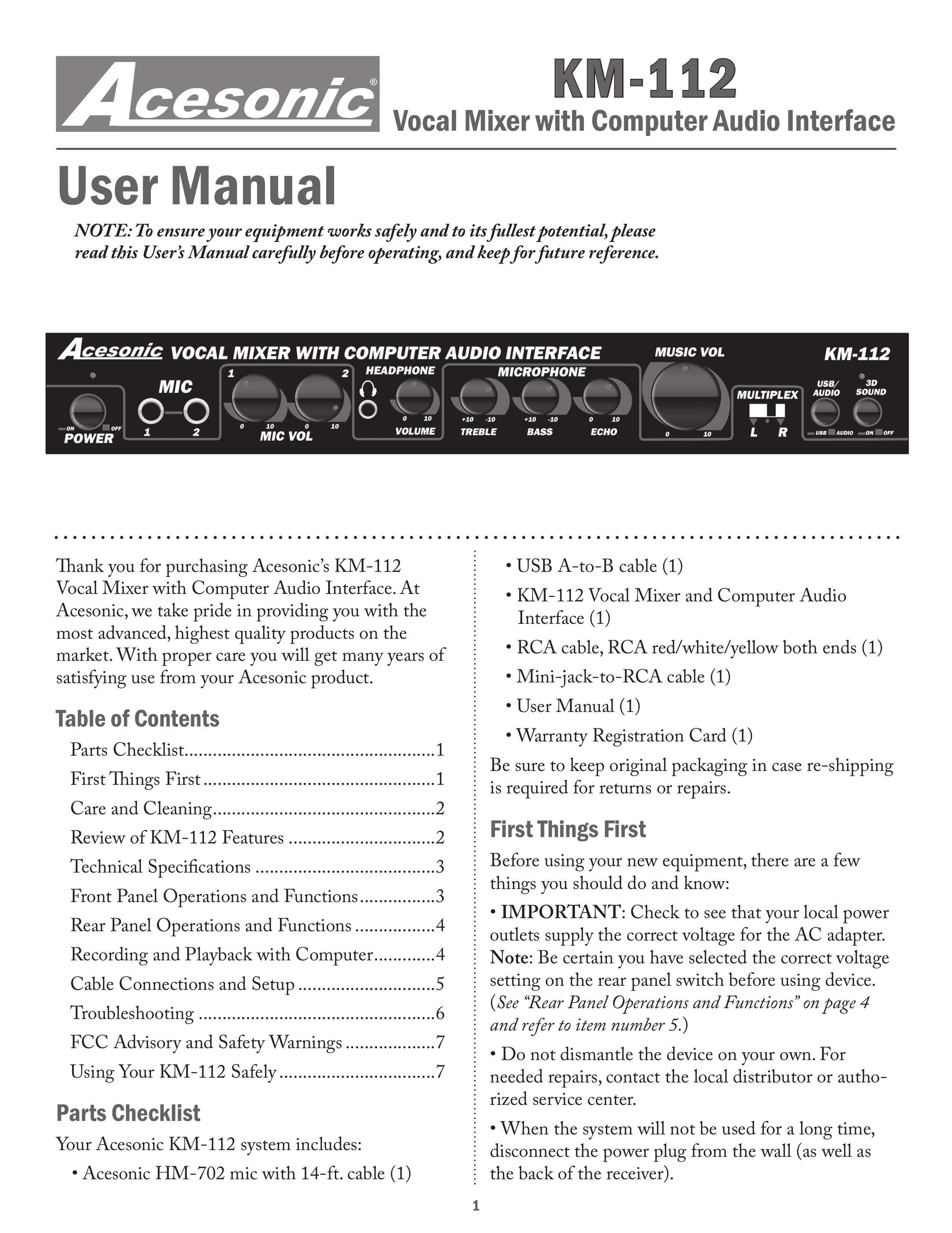 Acesonic KM-112 Music Mixer User Manual