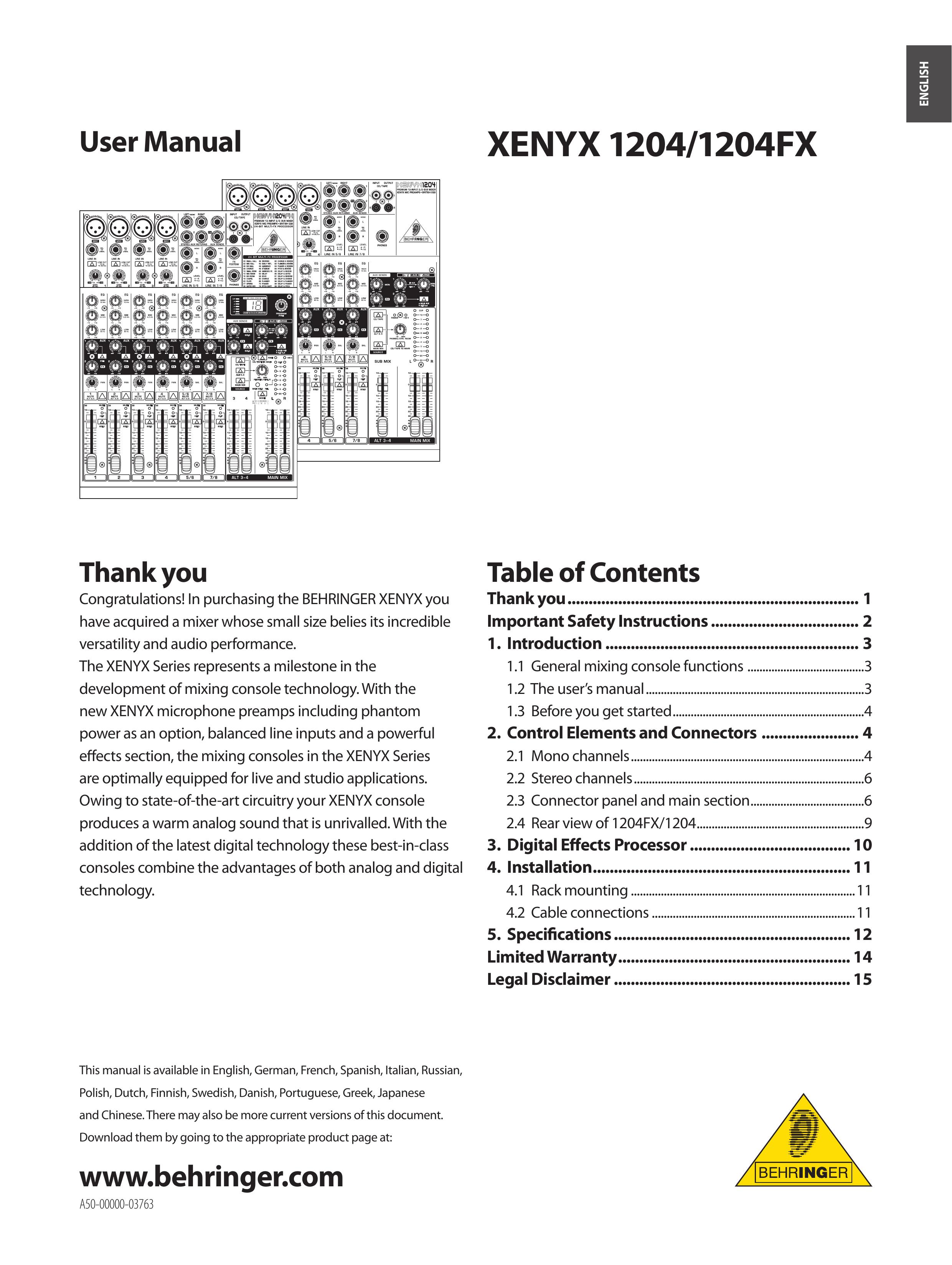 Behringer 1204/1204FX Music Mixer User Manual