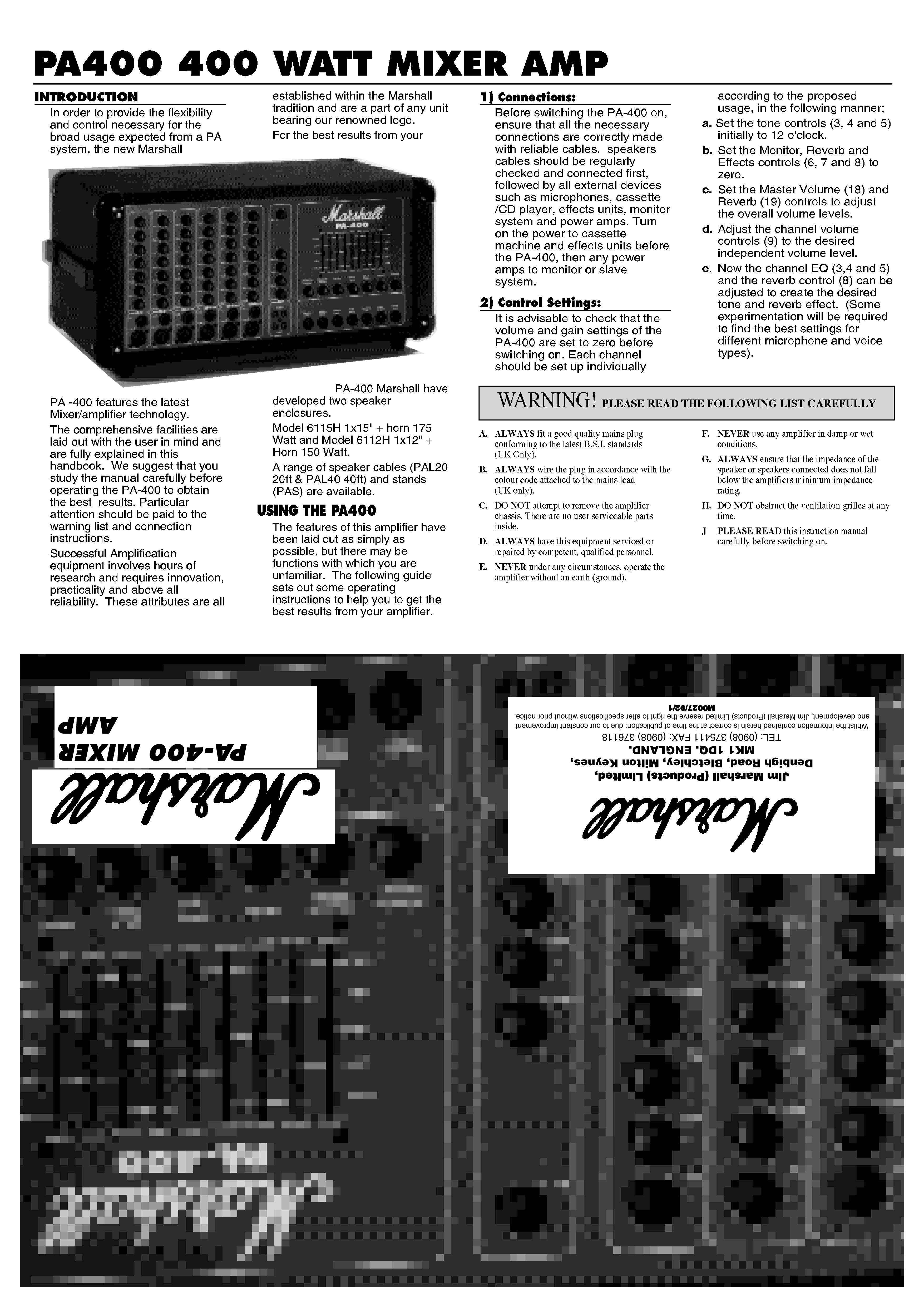 Marshall Amplification PA400 Music Mixer User Manual