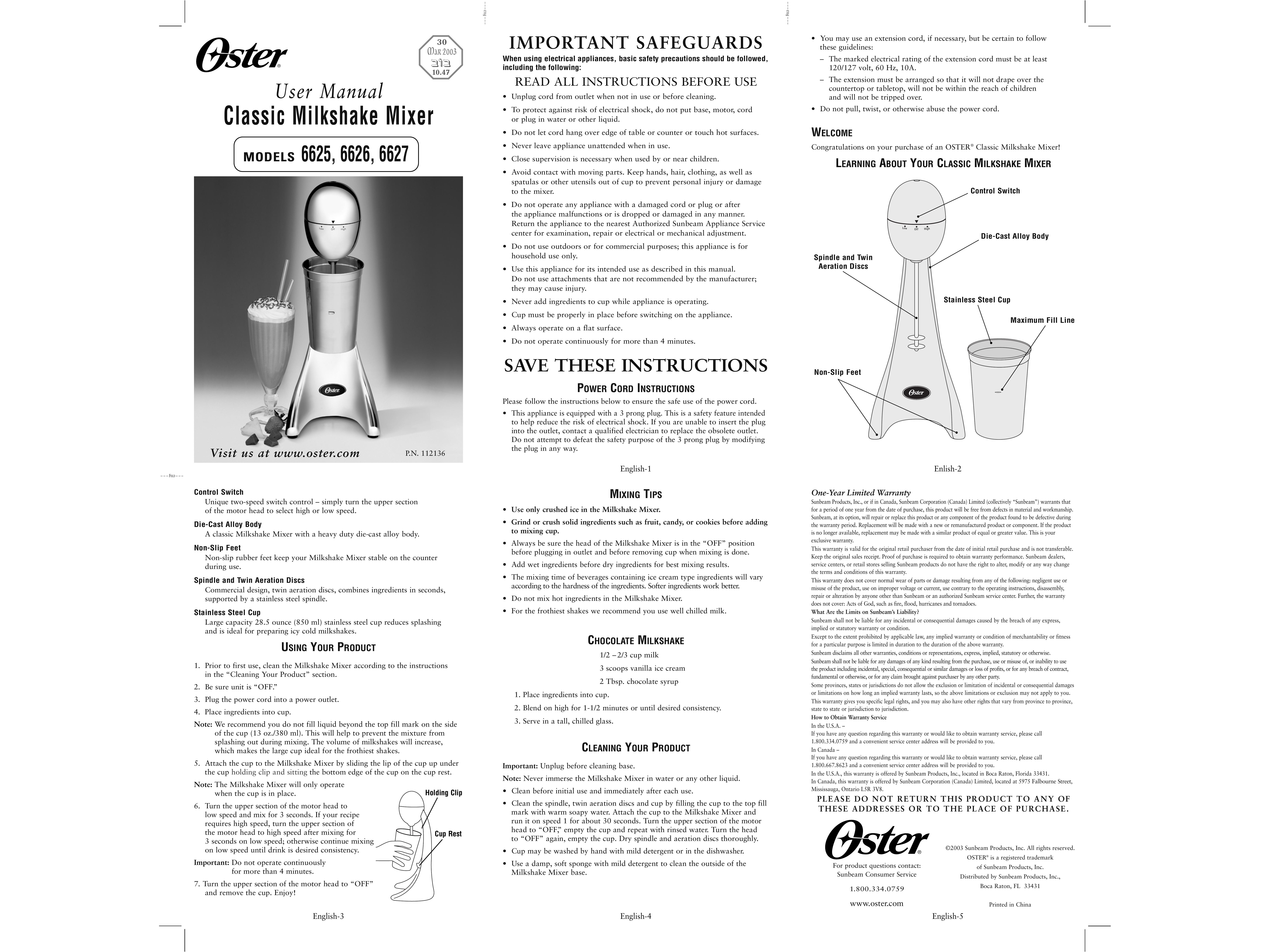 Oster 6625 Music Mixer User Manual