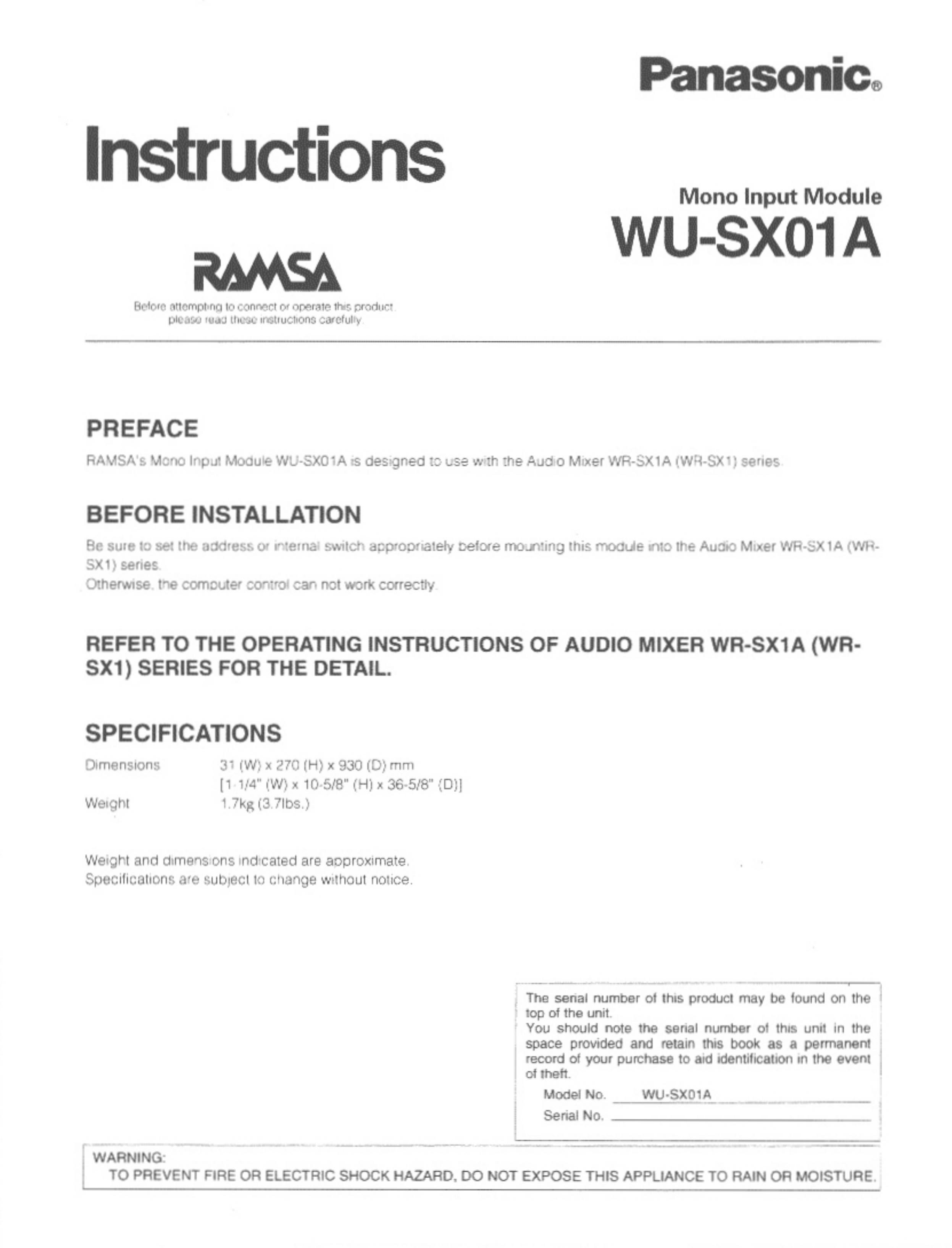 Panasonic WU-SX01A Music Mixer User Manual