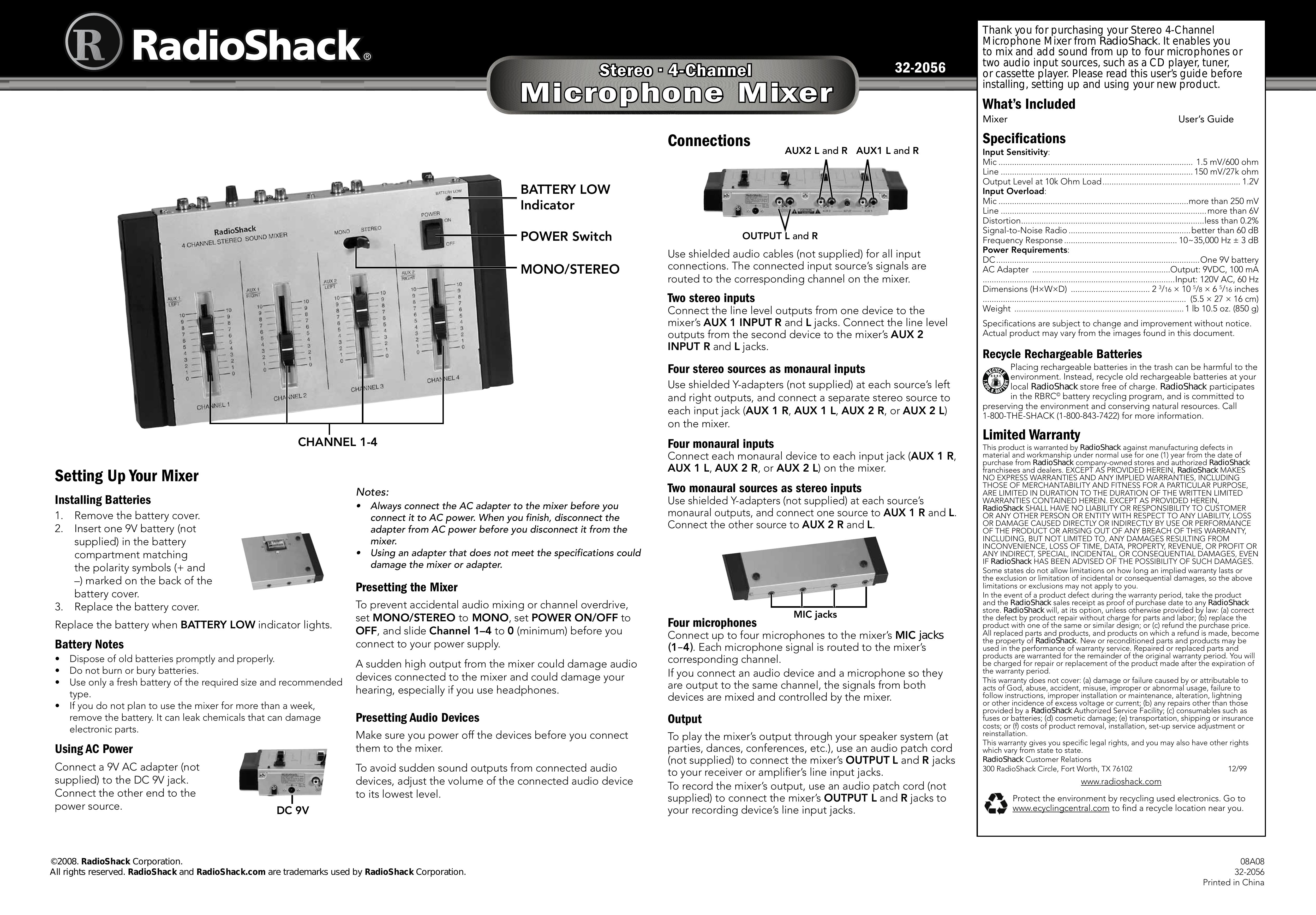 Radio Shack 32-2056 Music Mixer User Manual