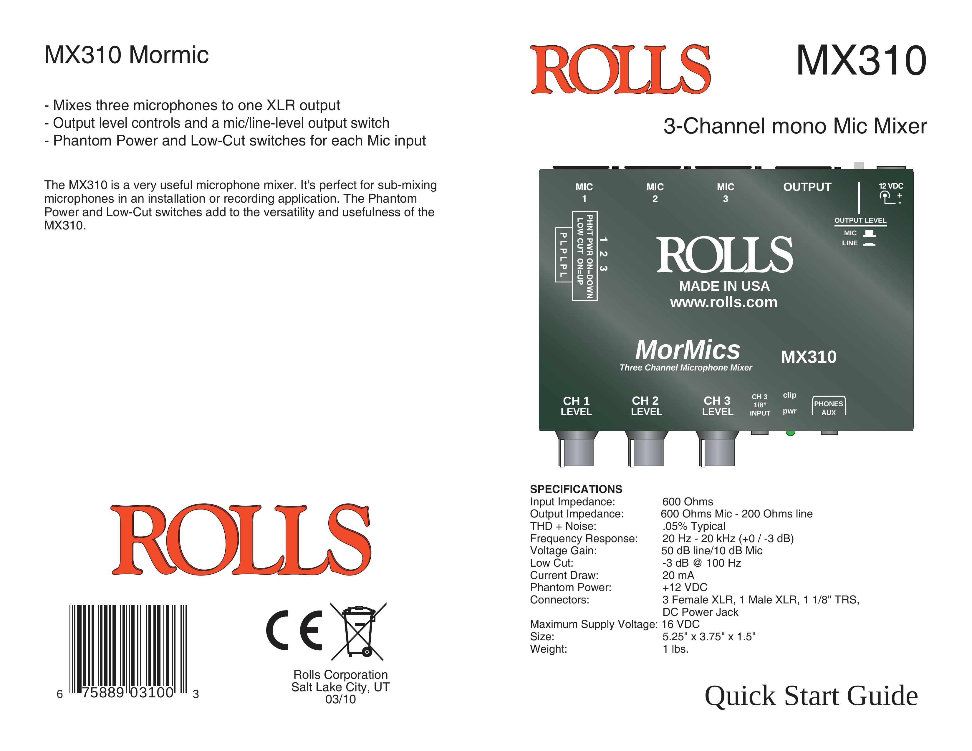 Rolls MX310 Music Mixer User Manual