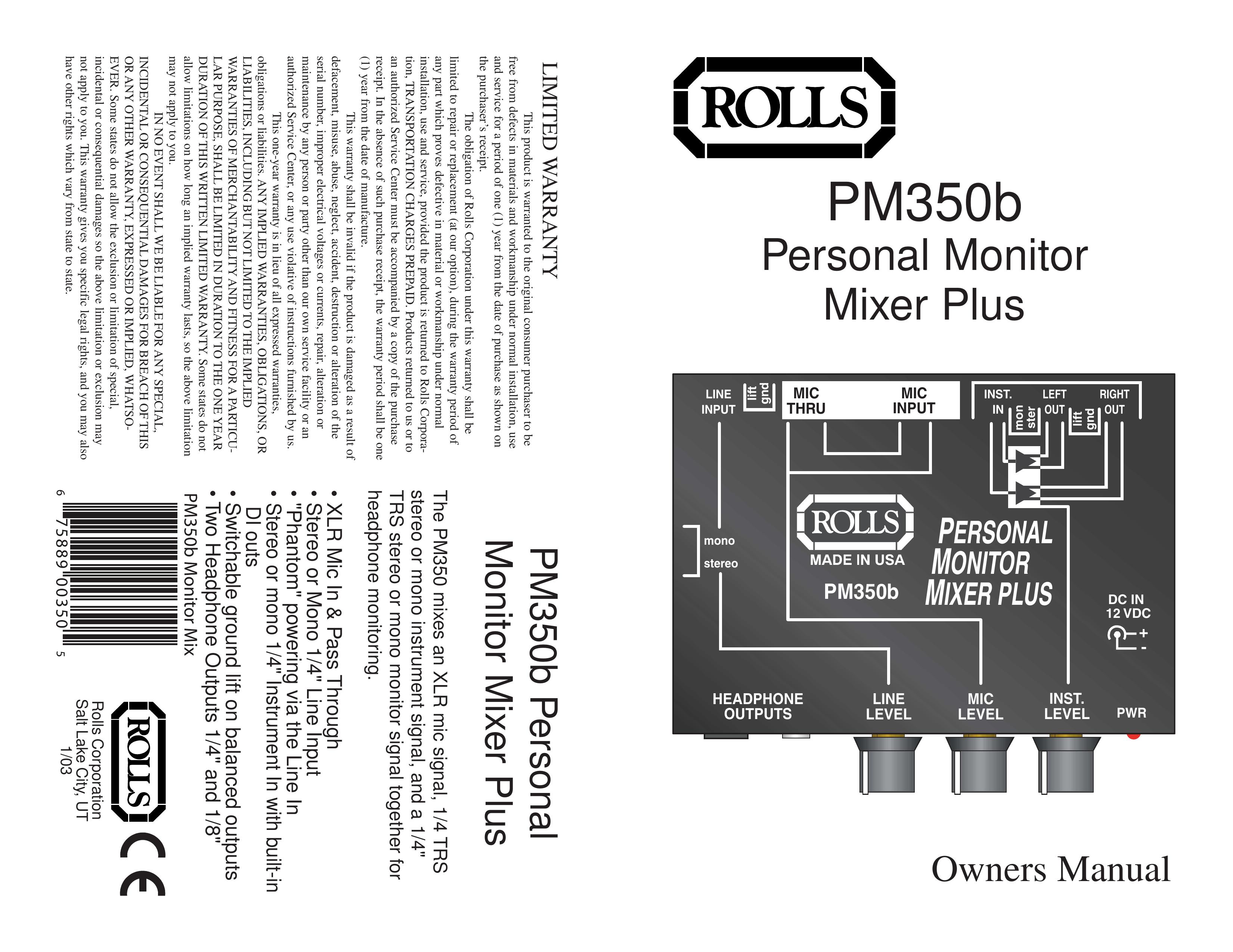 Rolls PM350B Music Mixer User Manual