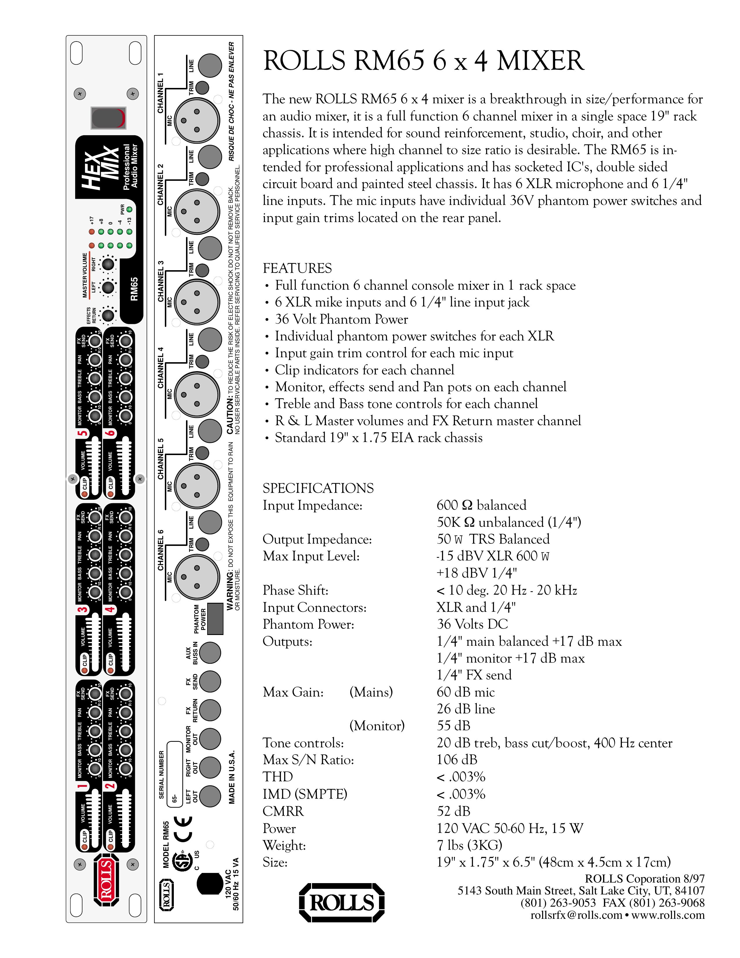 Rolls RM65 6 x 4 Music Mixer User Manual