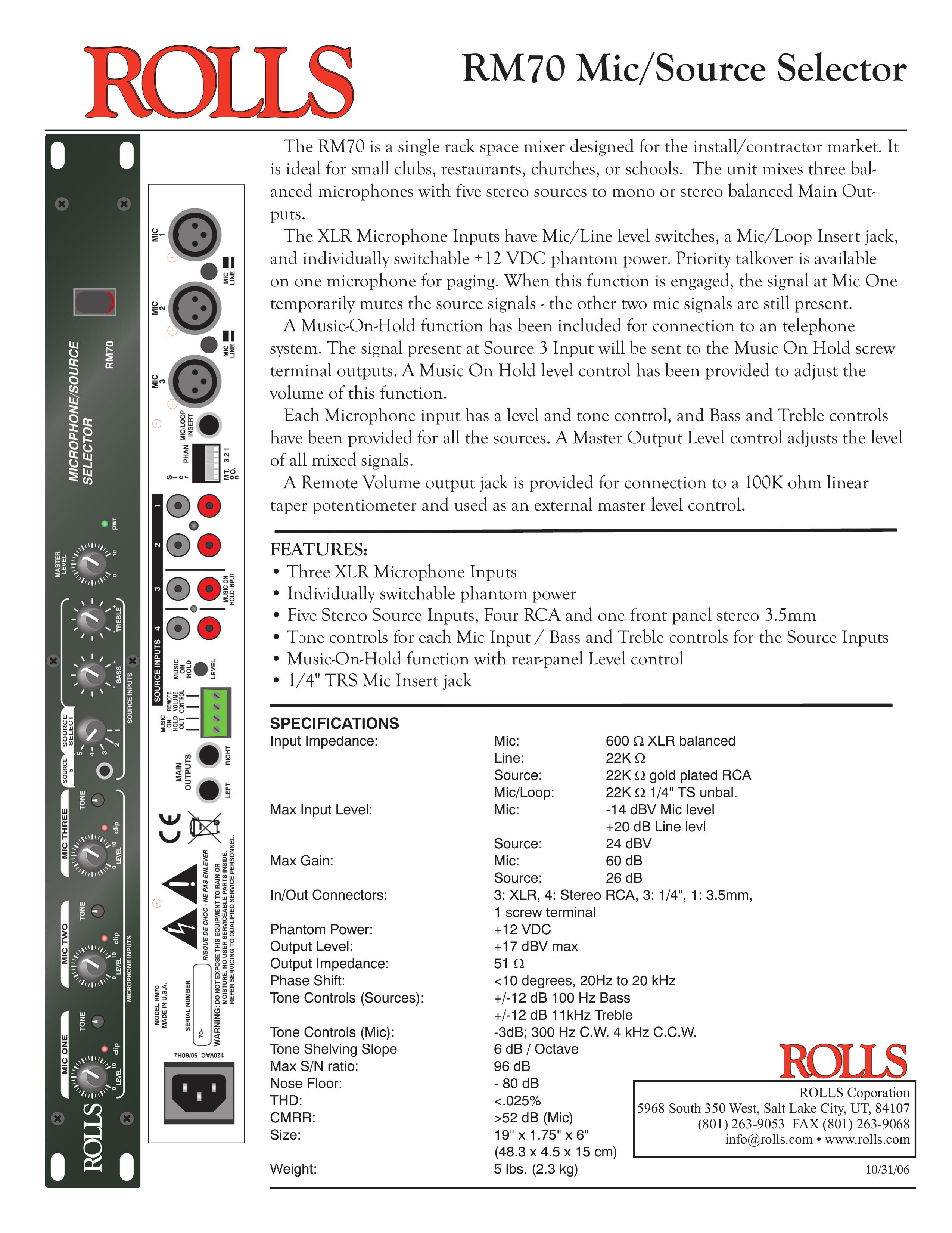 Rolls RM70 Music Mixer User Manual