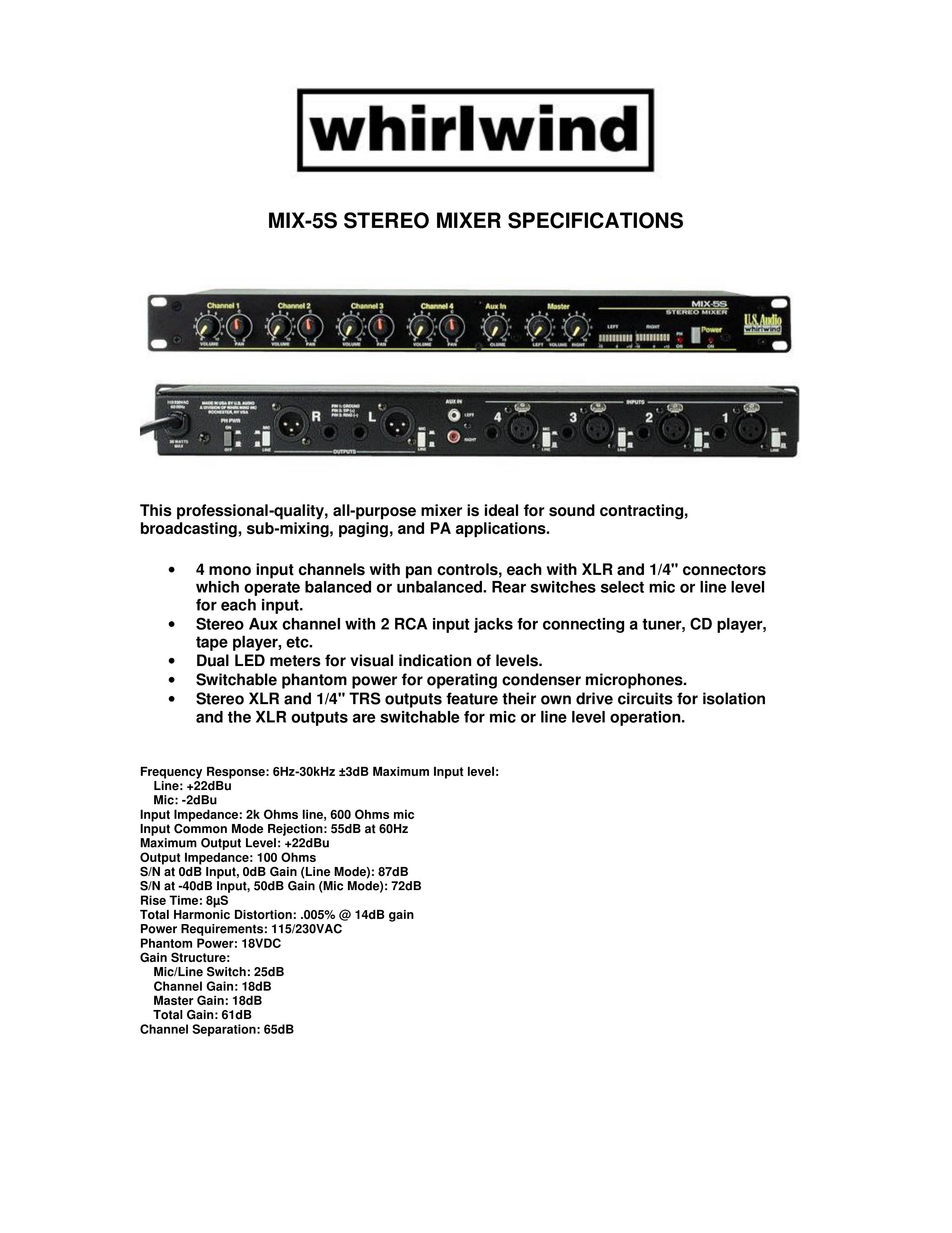 Whirlwind MIX-5S Music Mixer User Manual