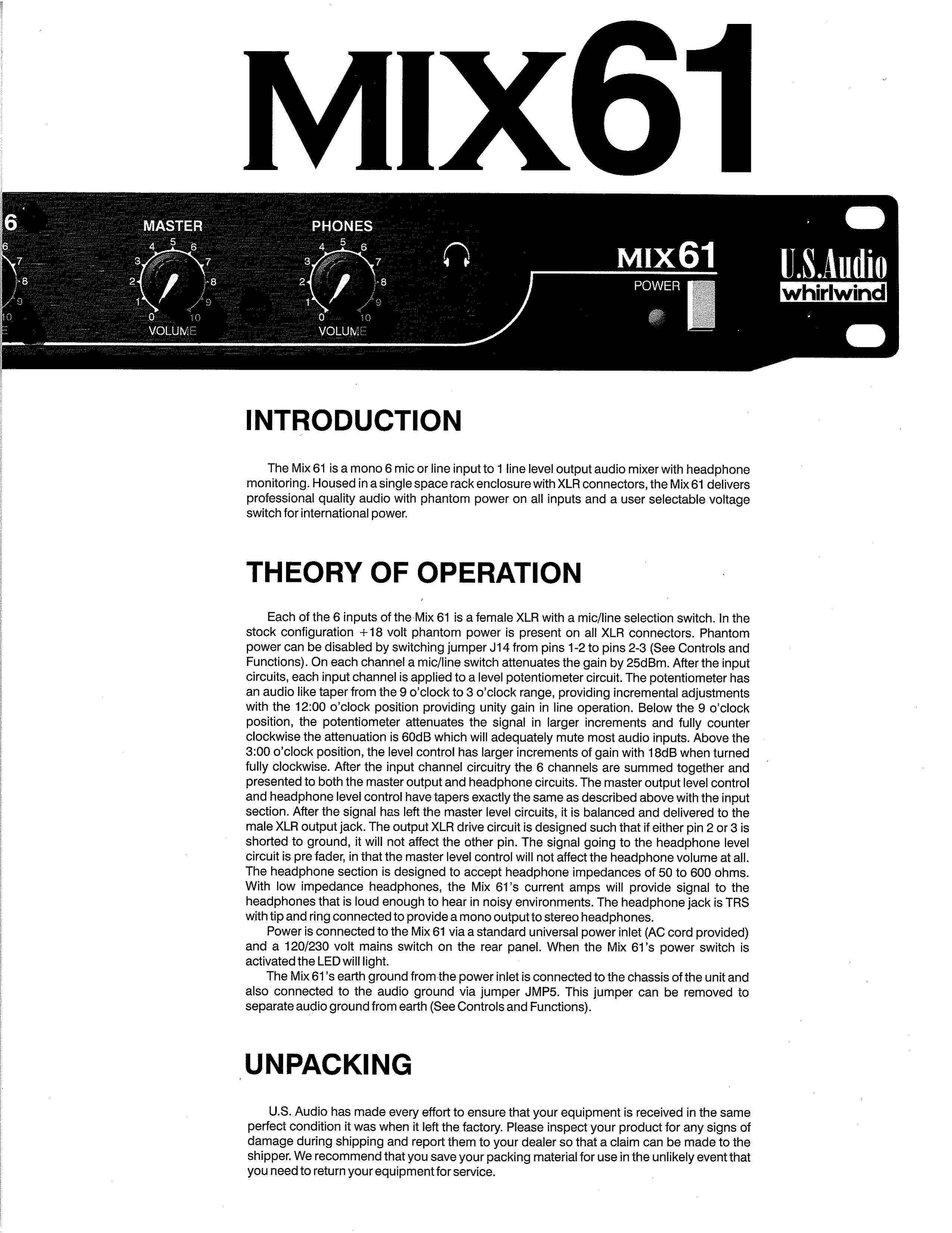 Whirlwind MIX61 Music Mixer User Manual